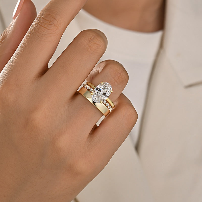 S925 3PC 4.0Ct Oval Cut Hidden Halo Engagement Ring with Round Cut Full Eternity & Wide Wedding Bands