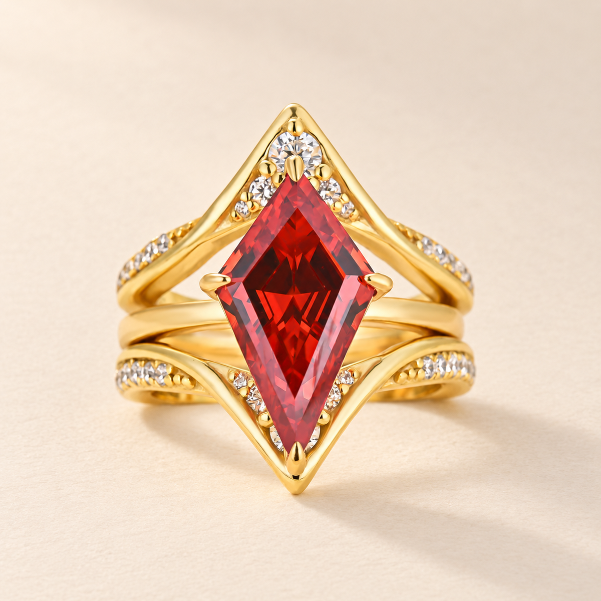 S925 3.0Ct Kite Cut Red Stone Solitaire Ring Set with V-Shaped Enhancer Band