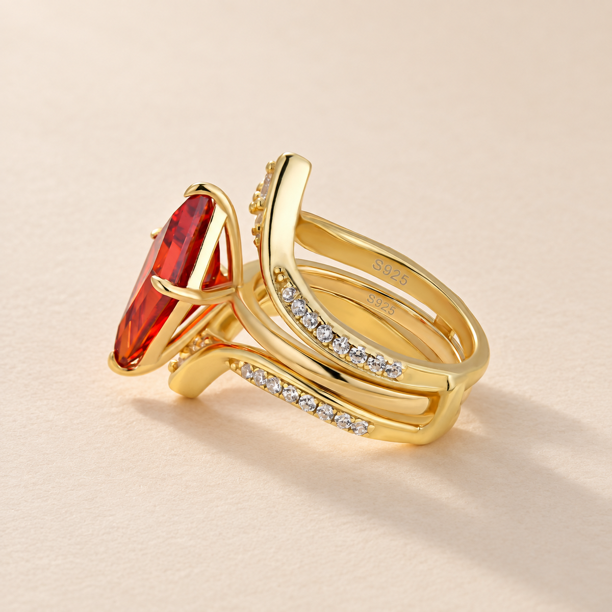 S925 3.0Ct Kite Cut Red Stone Solitaire Ring Set with V-Shaped Enhancer Band