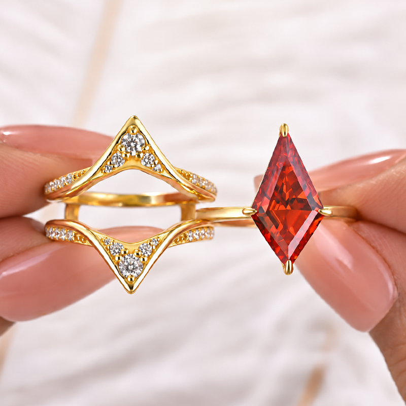 S925 3.0Ct Kite Cut Red Stone Solitaire Ring Set with V-Shaped Enhancer Band