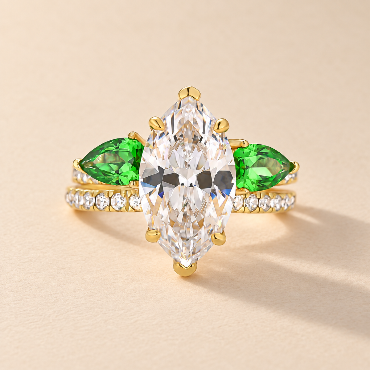 S925 2PC 4.0Ct Marquise Cut Half Eternity Engagement Ring & Green Pear Cut Enhancer Band
