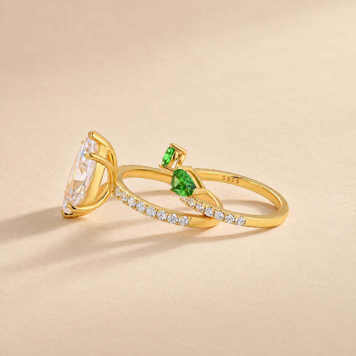 S925 2PC 4.0Ct Marquise Cut Half Eternity Engagement Ring & Green Pear Cut Enhancer Band