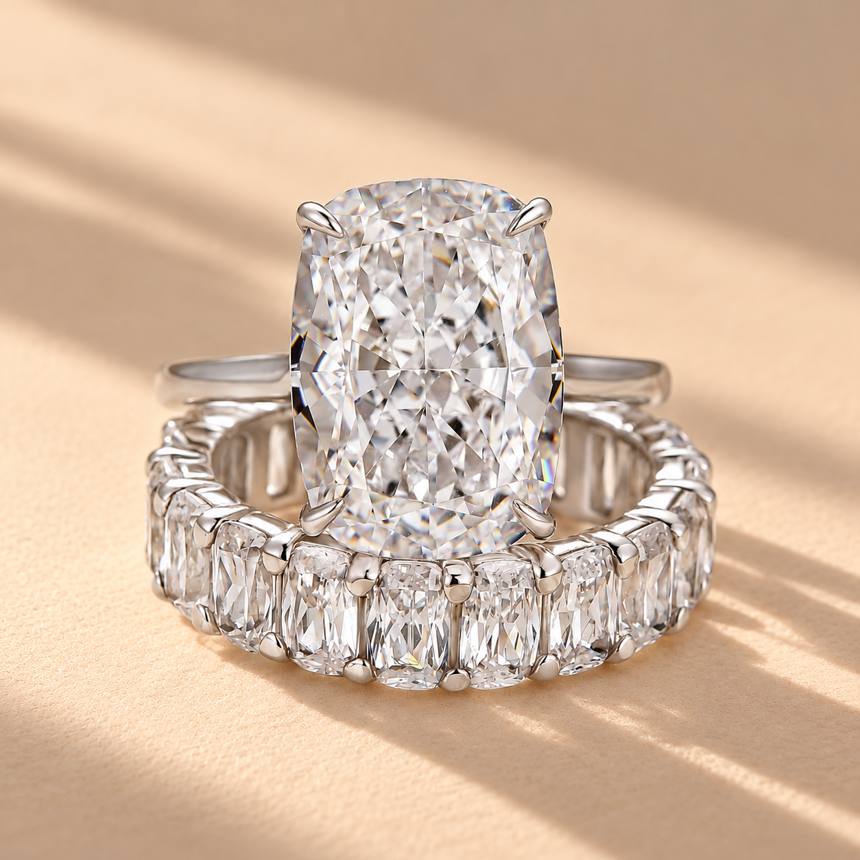 8.5Ct Cushion Cut Hidden Halo Engagement Ring & 7.5Ct Cushion Cut Eternity Wedding Band