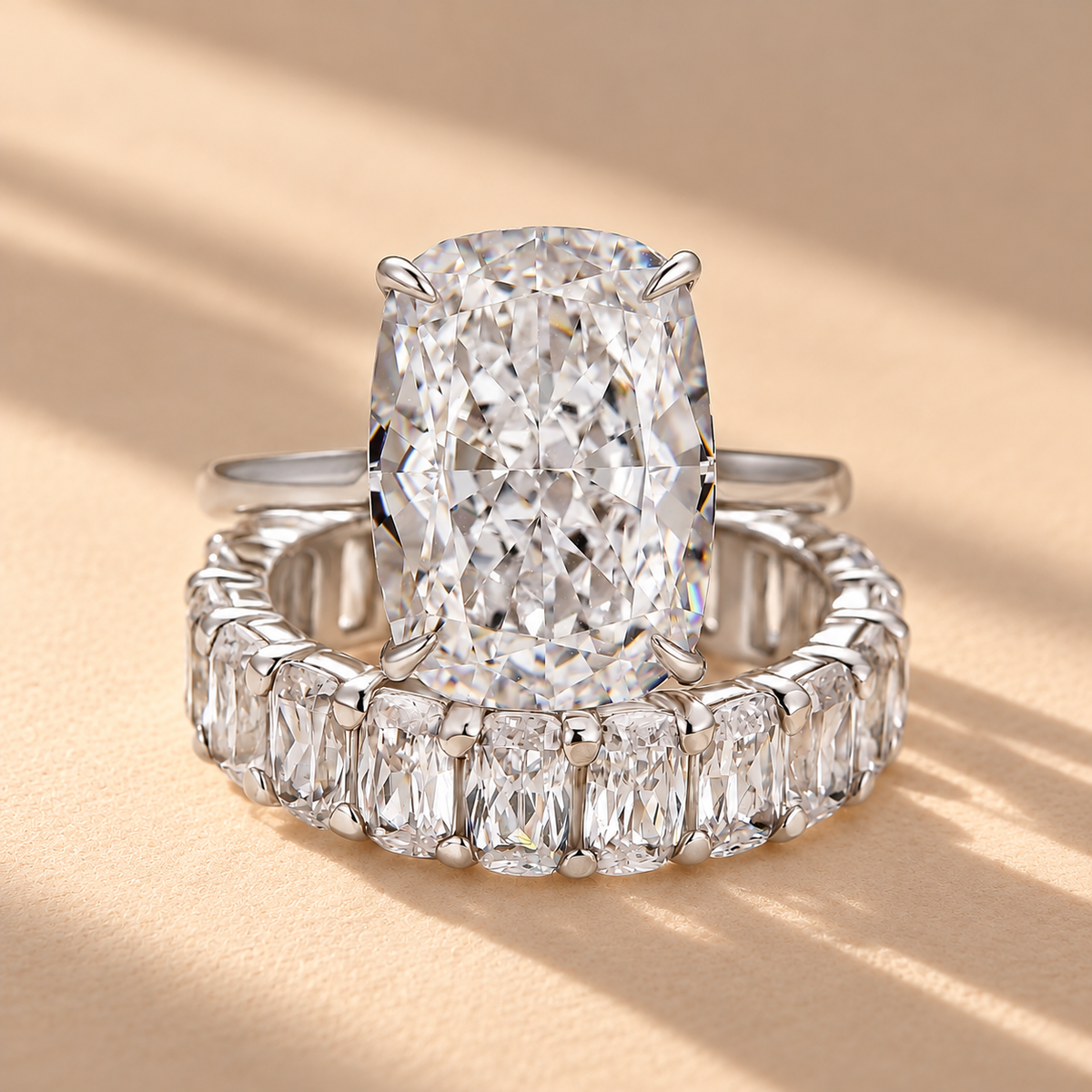 8.5Ct Cushion Cut Hidden Halo Engagement Ring & 7.5Ct Cushion Cut Eternity Wedding Band
