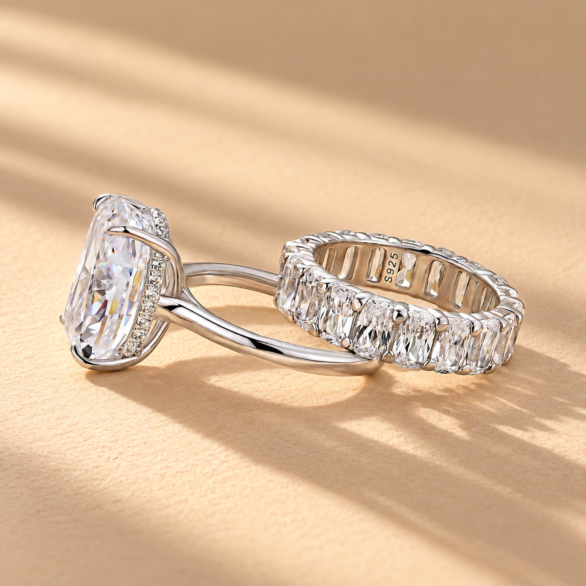 8.5Ct Cushion Cut Hidden Halo Engagement Ring & 7.5Ct Cushion Cut Eternity Wedding Band