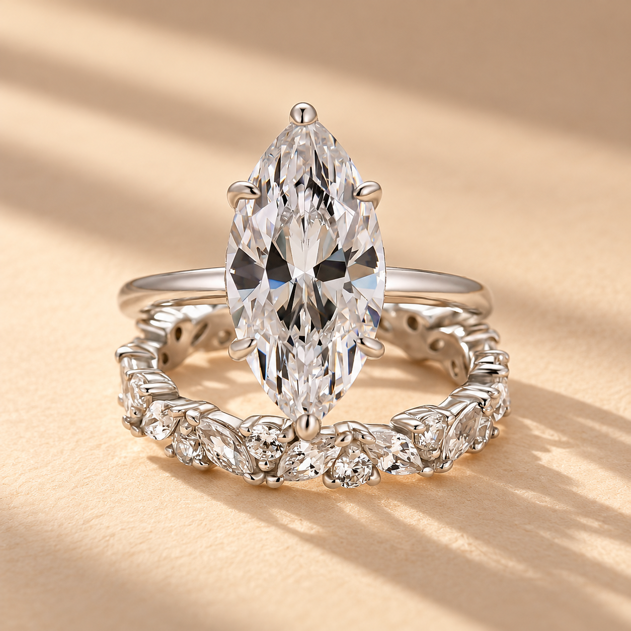4.0Ct Marquise Cut Hidden Halo Engagement Ring & 2.0Ct Marquise Leaf & Round Cut Wedding Band