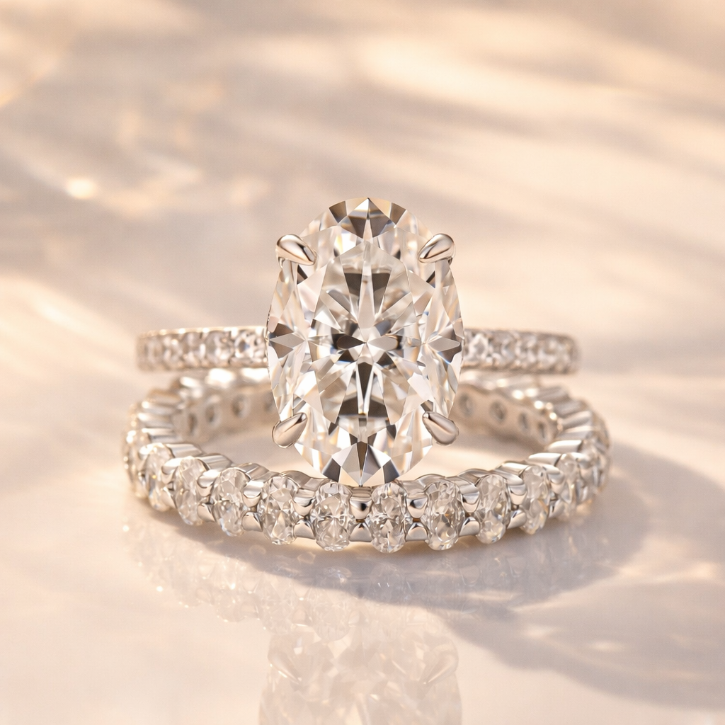 Moissanite 4.0Ct Hidden Halo Oval Cut White Gold Engagement Ring with 3.0Ct Oval Cut Wedding Band - louilyjewelry