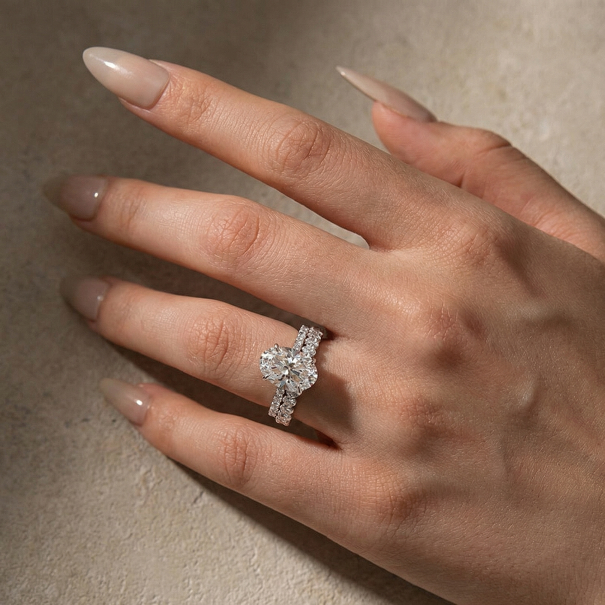 Moissanite 4.0Ct Hidden Halo Oval Cut White Gold Engagement Ring with 3.0Ct Oval Cut Wedding Band - louilyjewelry