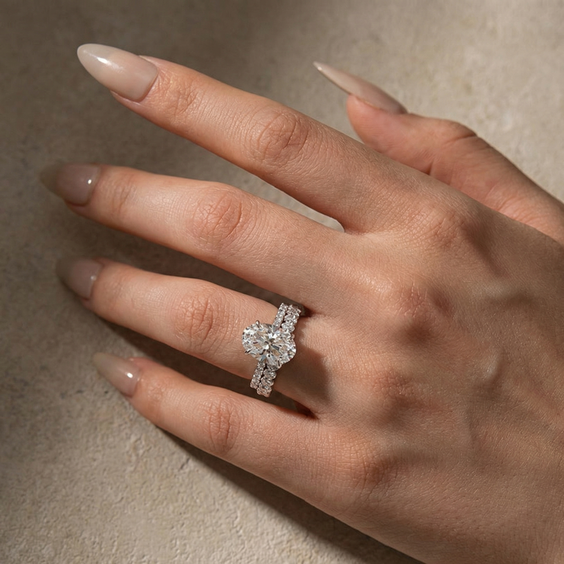 Moissanite 4.0Ct Hidden Halo Oval Cut White Gold Engagement Ring with 3.0Ct Oval Cut Wedding Band - louilyjewelry