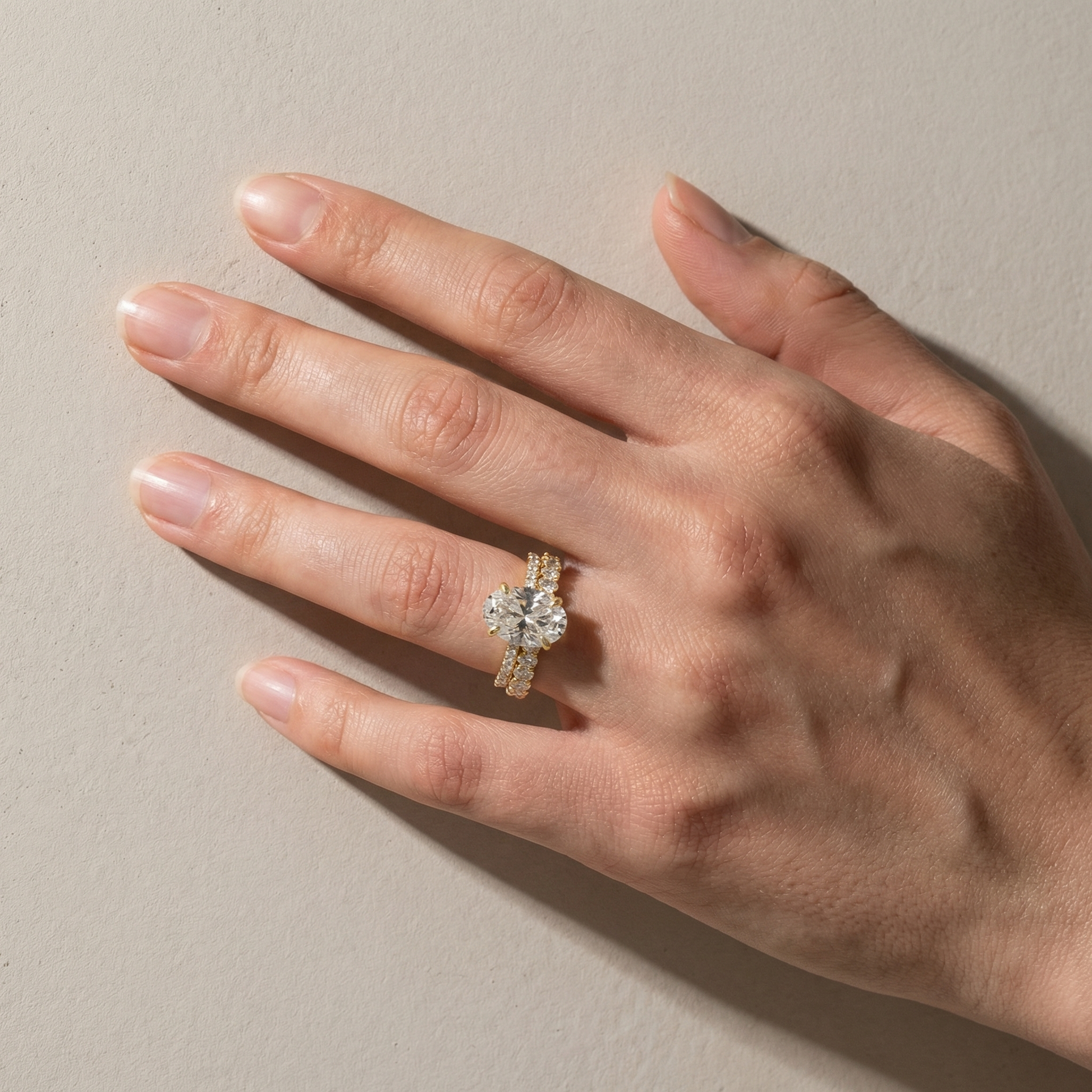 Moissanite 4.0Ct Hidden Halo Oval Cut Yellow Gold Engagement Ring with 3.0Ct Oval Cut Wedding Band - louilyjewelry
