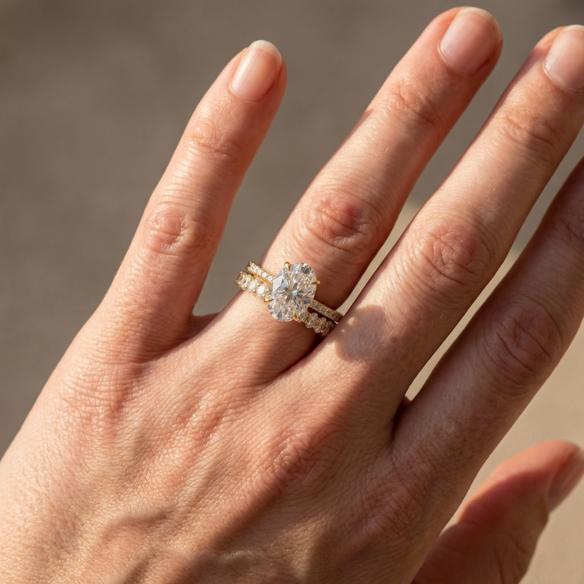Moissanite 4.0Ct Hidden Halo Oval Cut Yellow Gold Engagement Ring with 3.0Ct Oval Cut Wedding Band - louilyjewelry