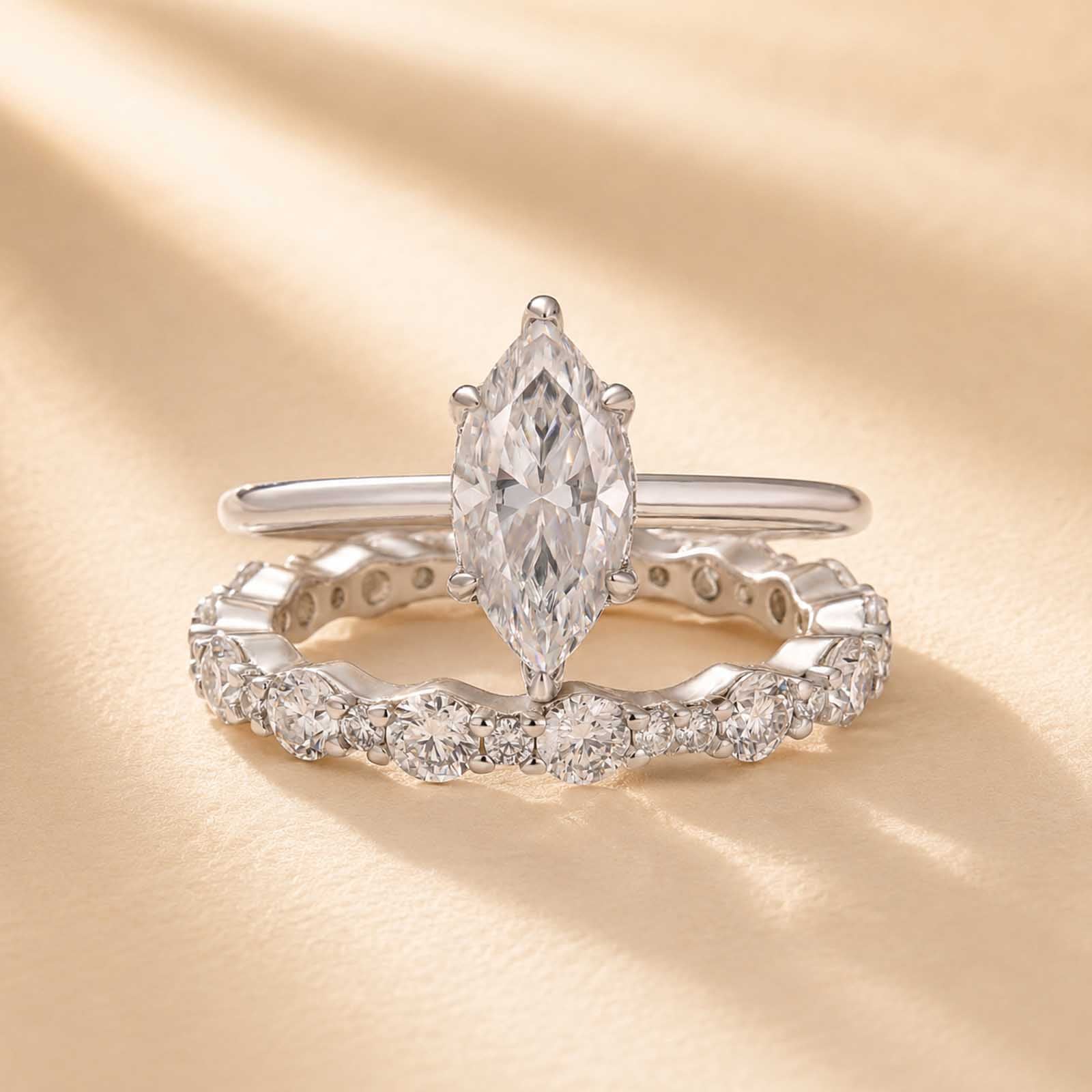 S925 Moissanite 2.0Ct Marquise Cut Hidden Halo Engagement Ring & 1.5Ct Band Bridal Ring Sets