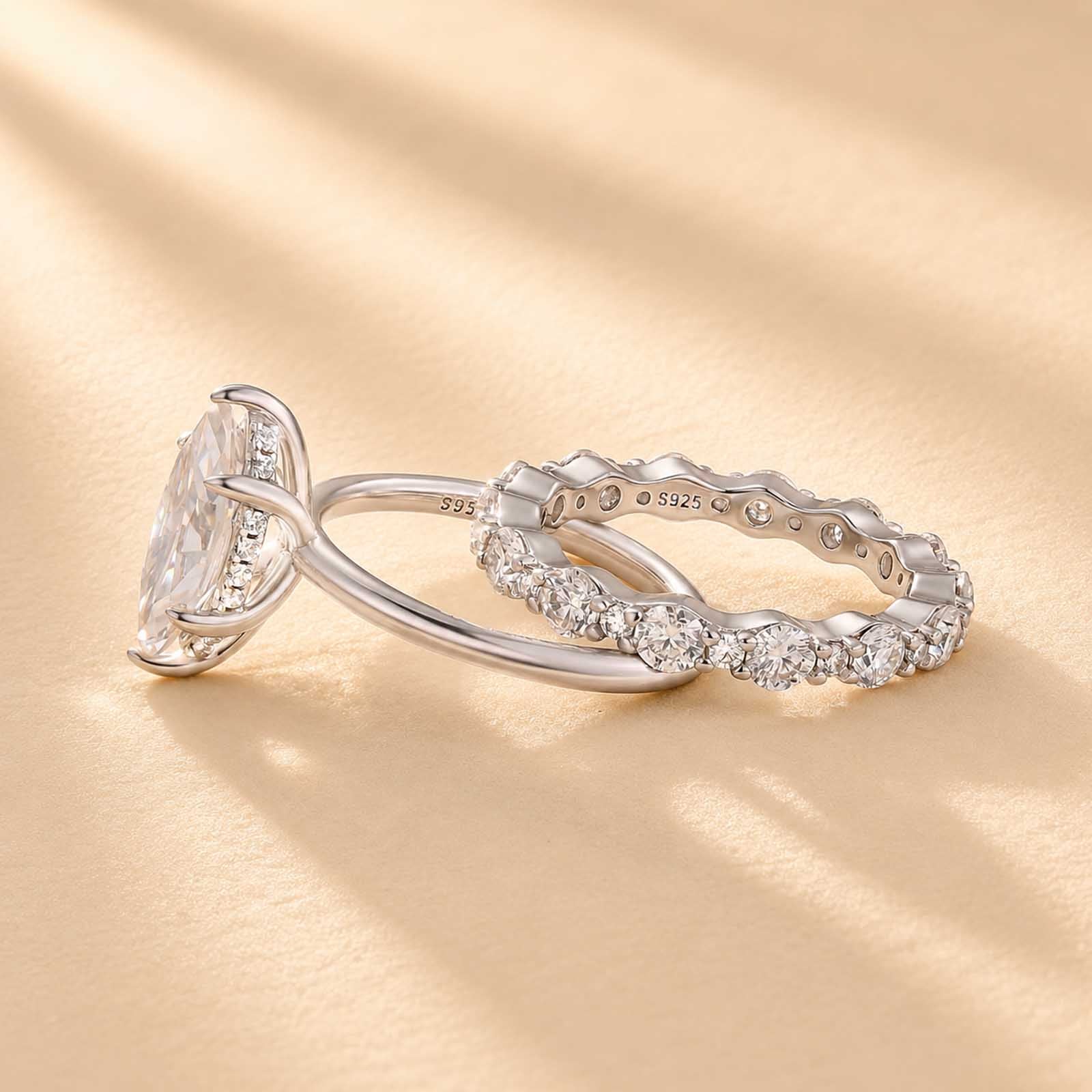 S925 Moissanite 2.0Ct Marquise Cut Hidden Halo Engagement Ring & 1.5Ct Band Bridal Ring Sets
