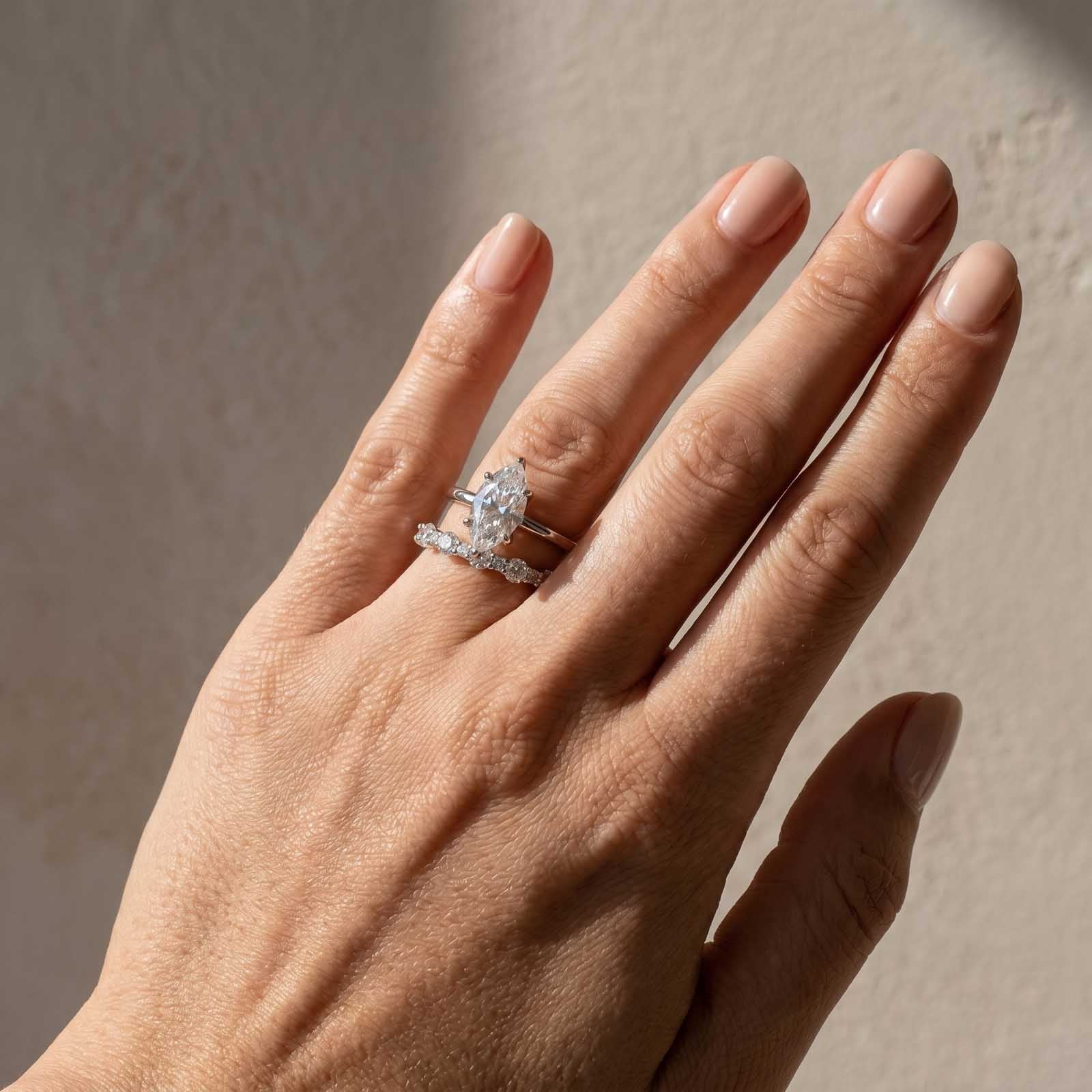 S925 Moissanite 2.0Ct Marquise Cut Hidden Halo Engagement Ring & 1.5Ct Band Bridal Ring Sets