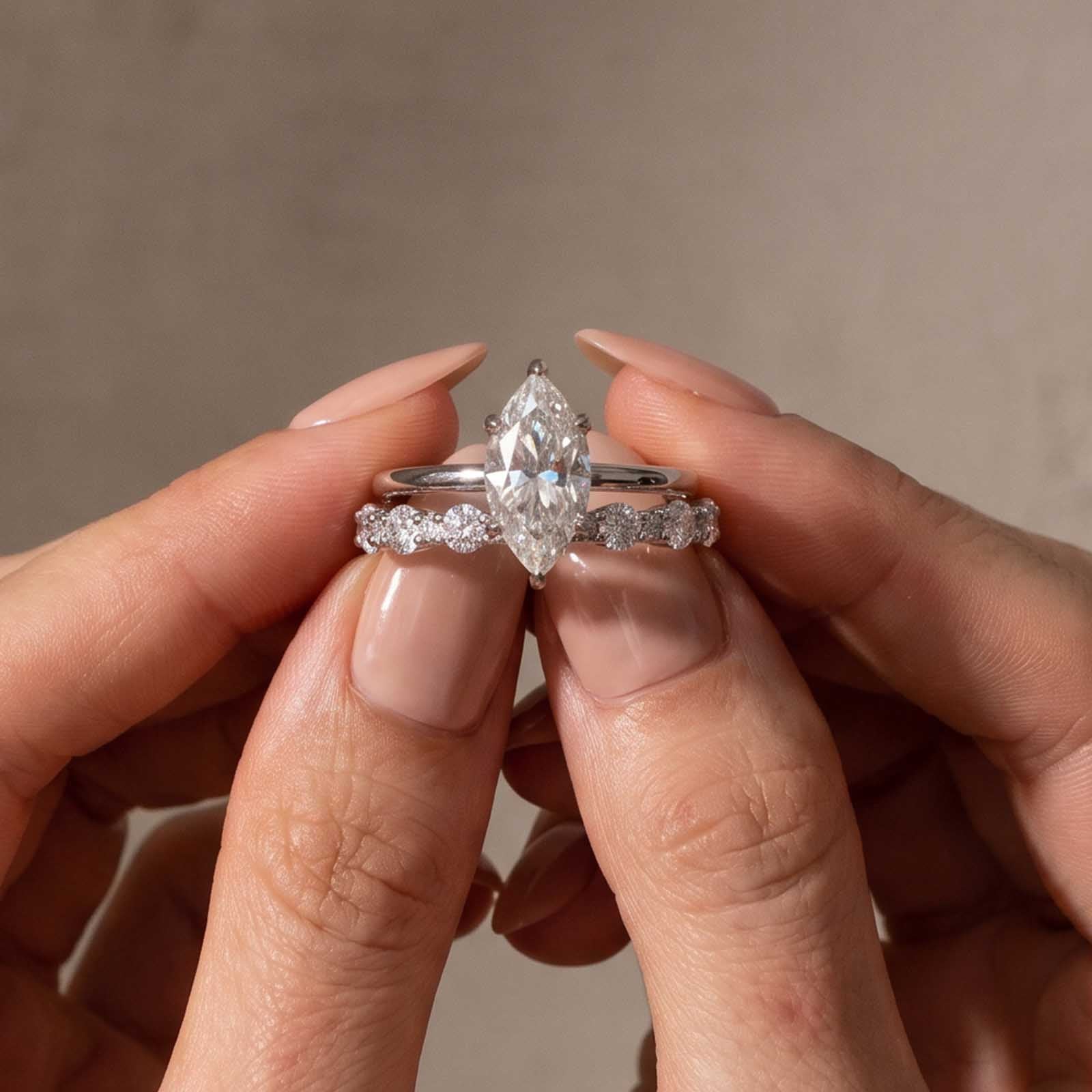 S925 Moissanite 2.0Ct Marquise Cut Hidden Halo Engagement Ring & 1.5Ct Band Bridal Ring Sets