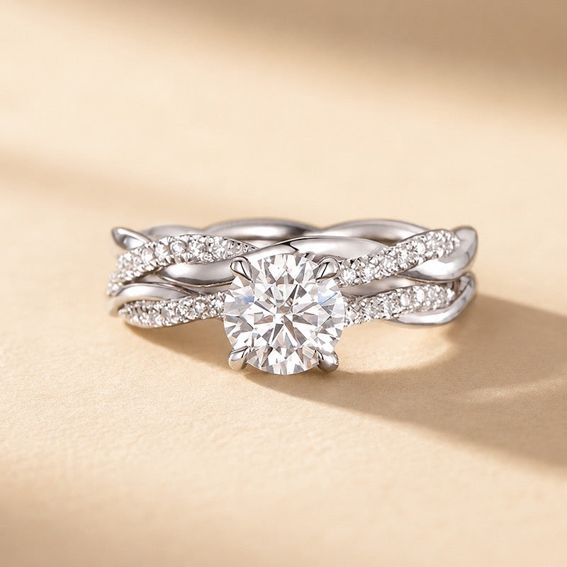 S925 Twist 1.25 Carat Round Cut Wedding Set For Her In Sterling Silver Travel Ring