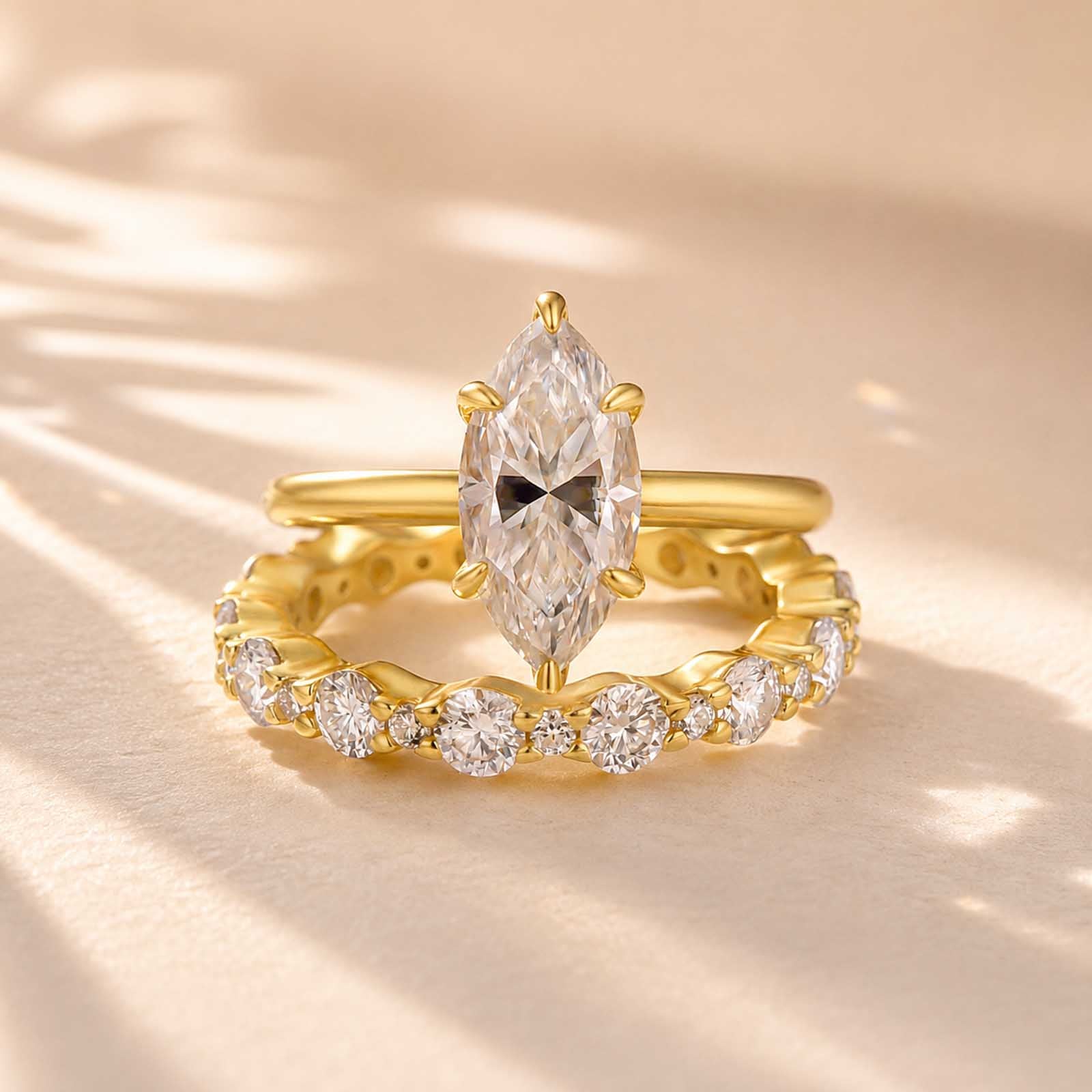 S925 Moissanite 2.0Ct Marquise Cut Hidden Halo Engagement Ring & 1.5Ct Band Bridal Ring Sets