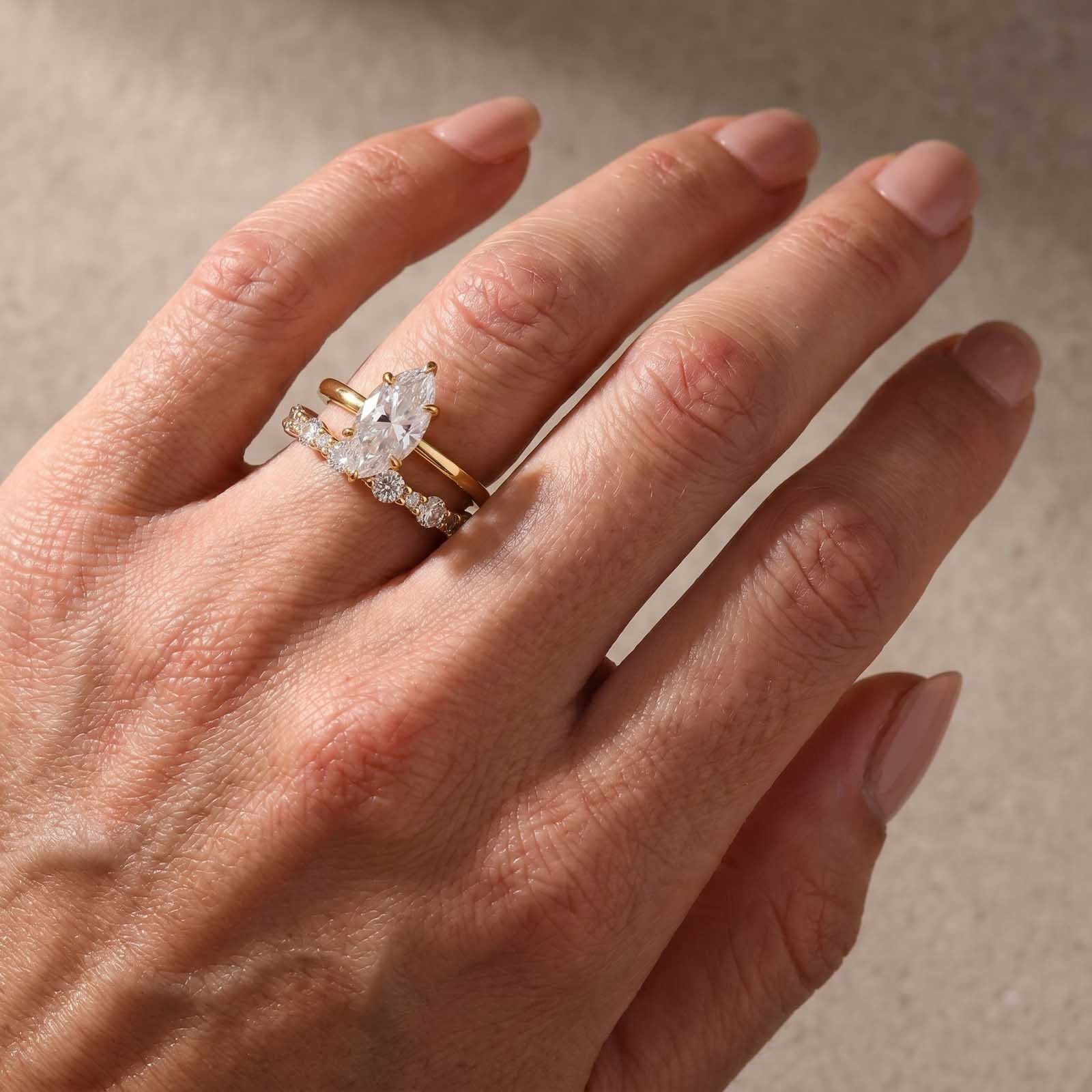 S925 Moissanite 2.0Ct Marquise Cut Hidden Halo Engagement Ring & 1.5Ct Band Bridal Ring Sets