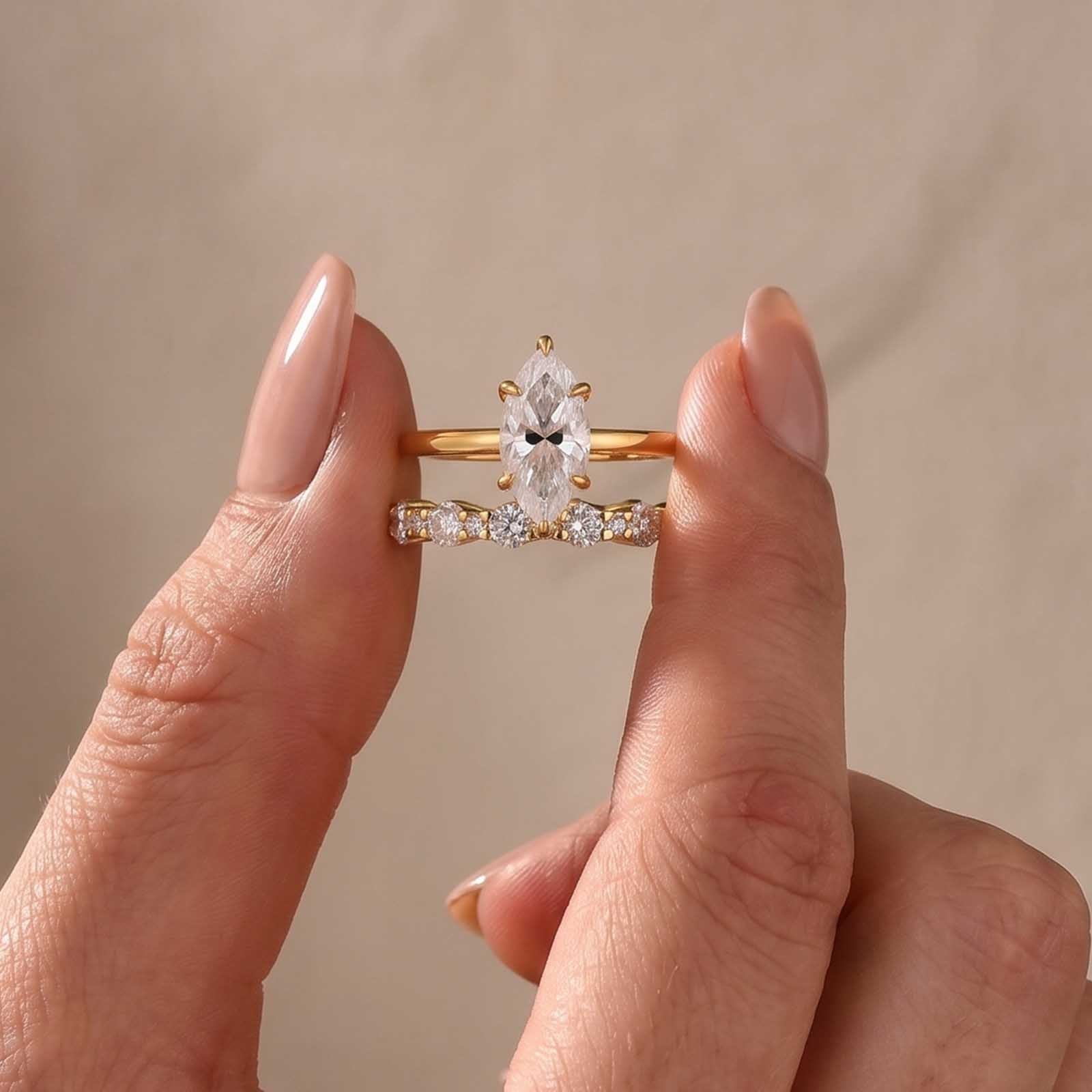 S925 Moissanite 2.0Ct Marquise Cut Hidden Halo Engagement Ring & 1.5Ct Band Bridal Ring Sets