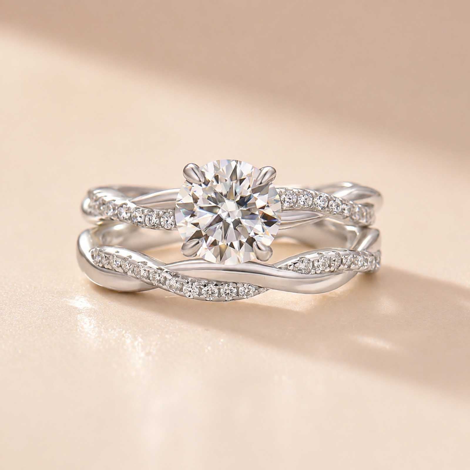 S925 Moissanite 1Ct Round Cut Twist 2PC Bridal Ring Set 18K White Gold Plated Promise Travel Wedding Ring For Women