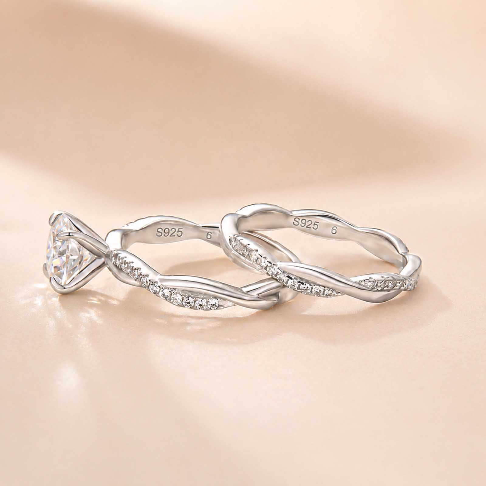 S925 Moissanite 1Ct Round Cut Twist 2PC Bridal Ring Set 18K White Gold Plated Promise Travel Wedding Ring For Women