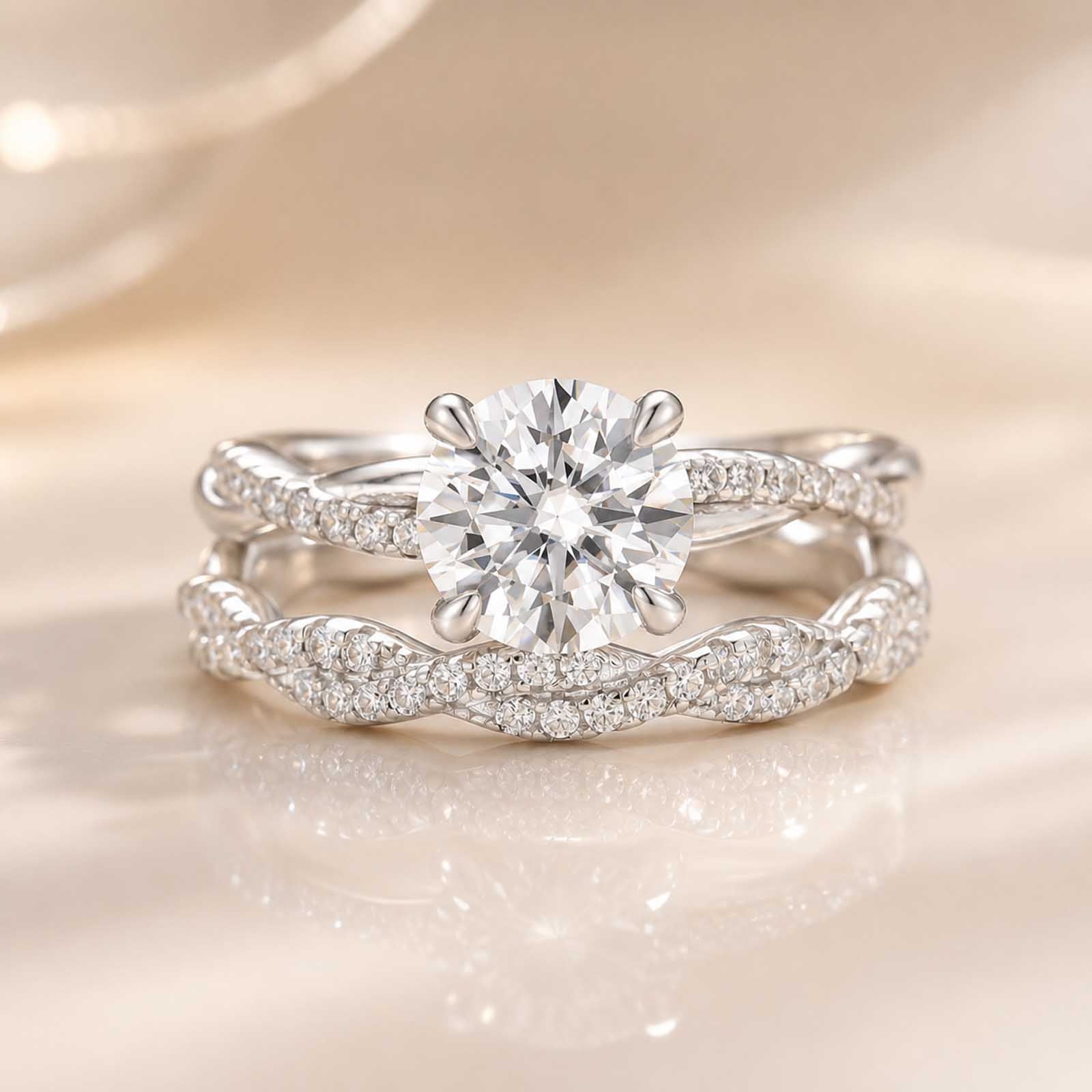 Moissanite Twist 1.2Ct Round Cut 18K White Gold Pave Engagement Ring with Twist Wedding Band