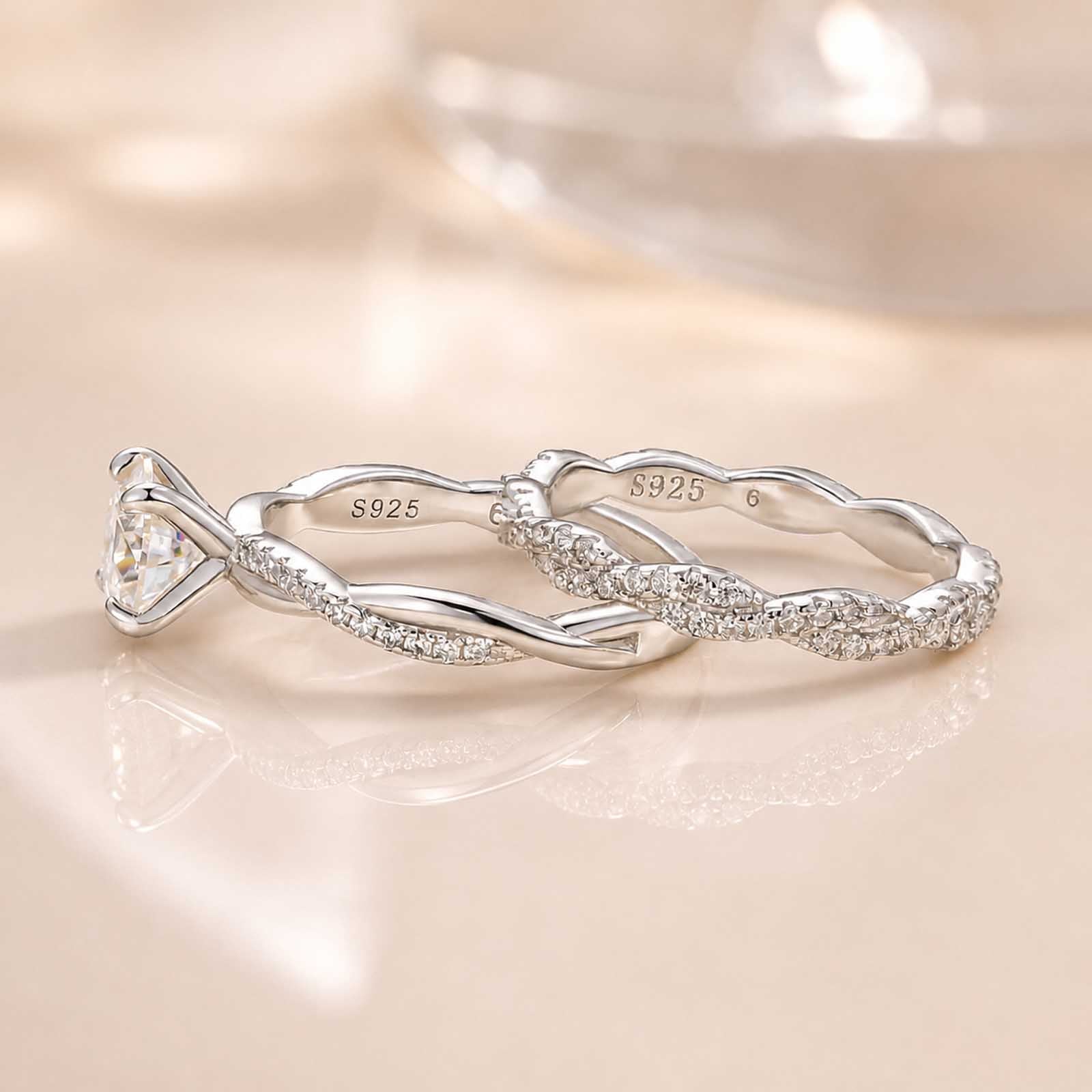 Moissanite Twist 1.2Ct Round Cut 18K White Gold Pave Engagement Ring with Twist Wedding Band