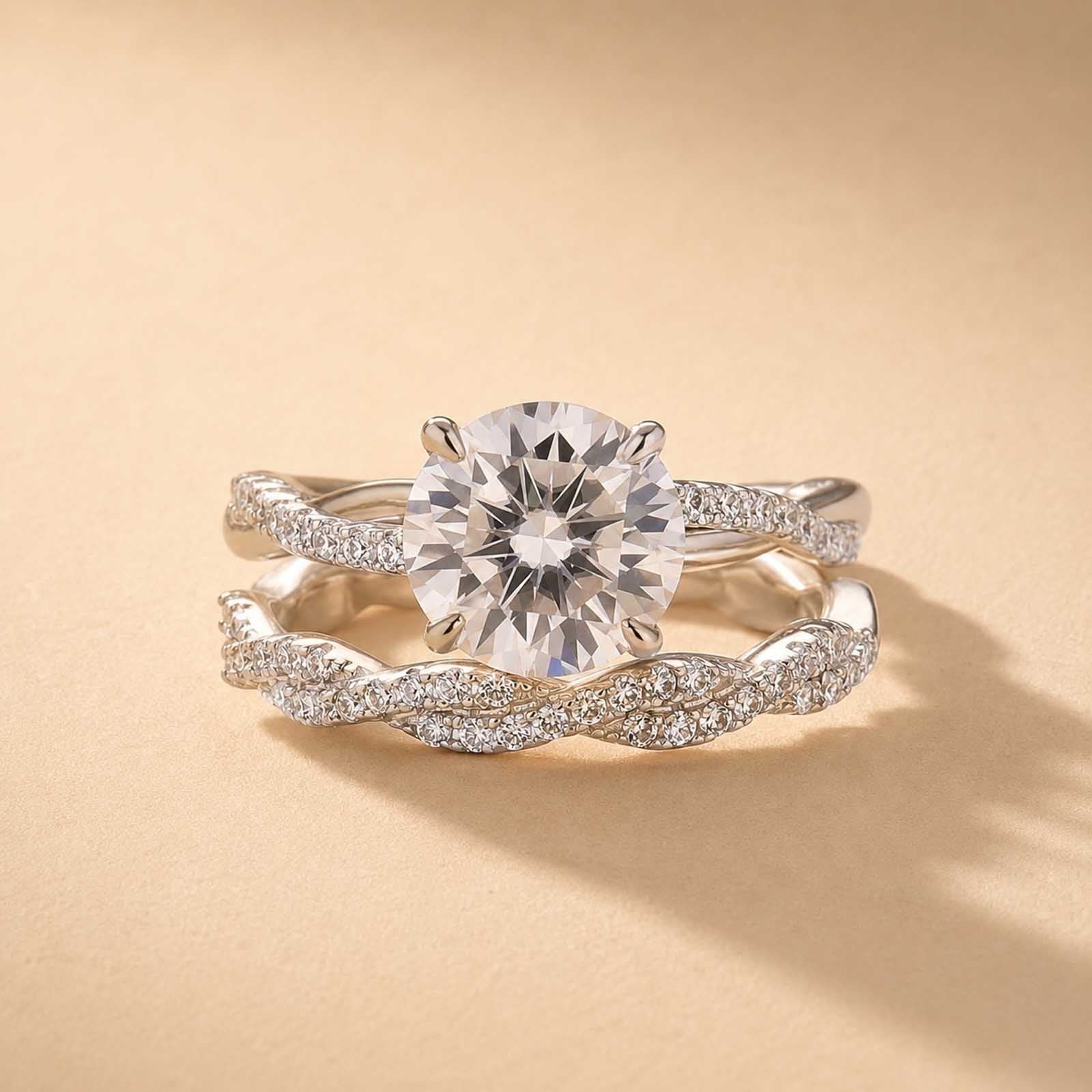S925 Moissanite 2.0Ct Round Cut Twist Ring Set 18K White Gold Plated Everyday Wear Ring