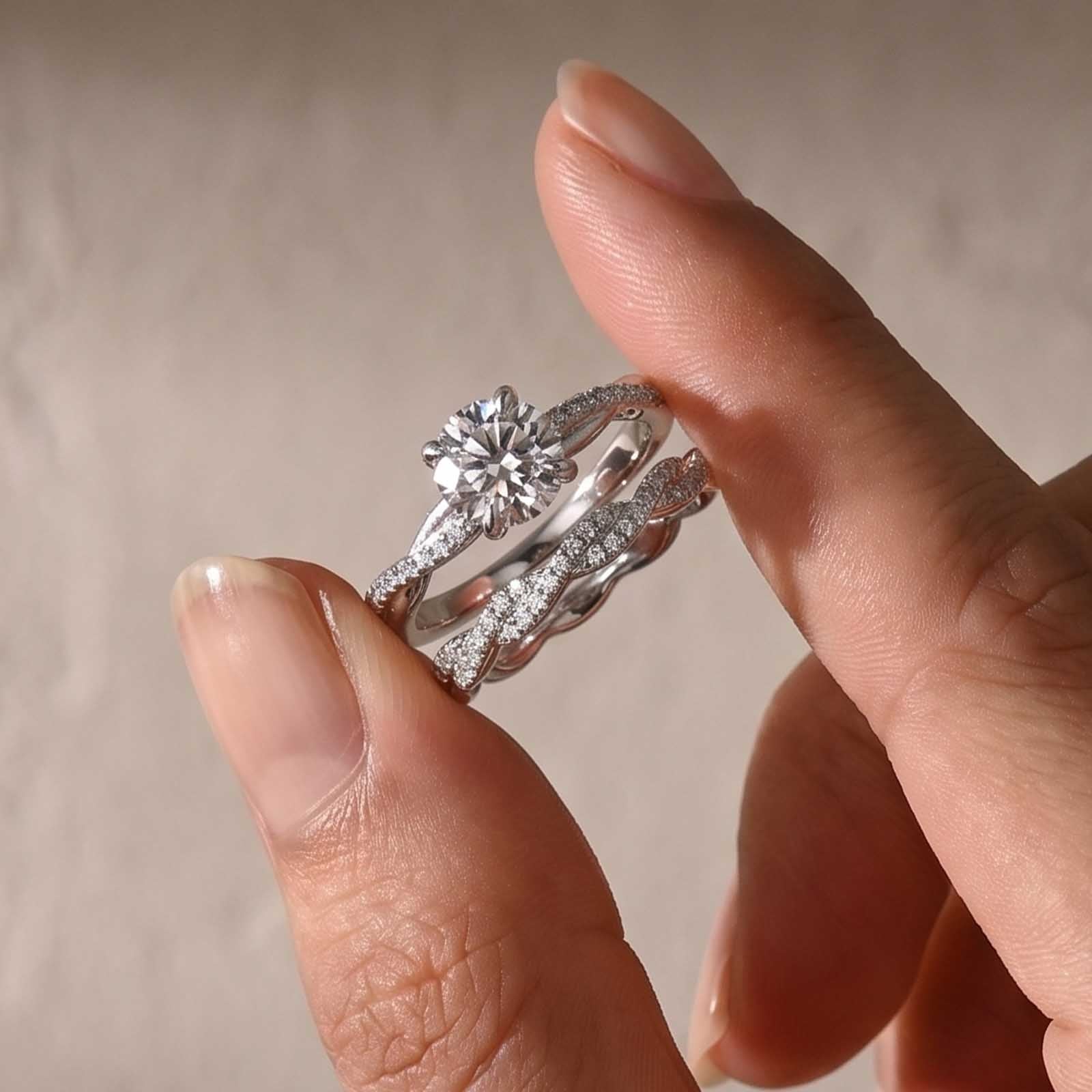 S925 Moissanite 1Ct Round Twist Bridal Ring Set Promise Ring With 0.35Ct Wedding Band Stackable Rings