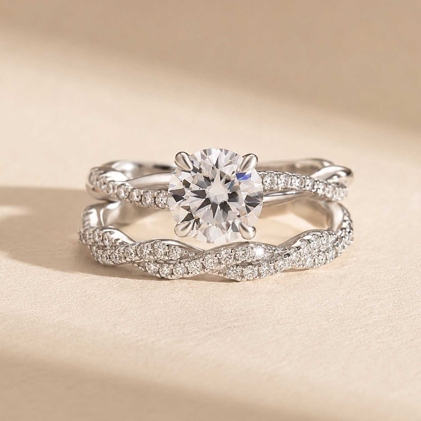 S925 Moissanite 1Ct Round Twist Bridal Ring Set Promise Ring With 0.35Ct Wedding Band Stackable Rings