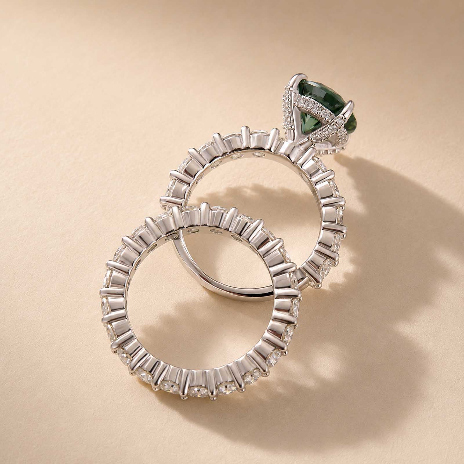 S925 Moissanite 3.0Ct Round Green Stone Wedding Set/Engagement Ring For Holiday Ring Gift