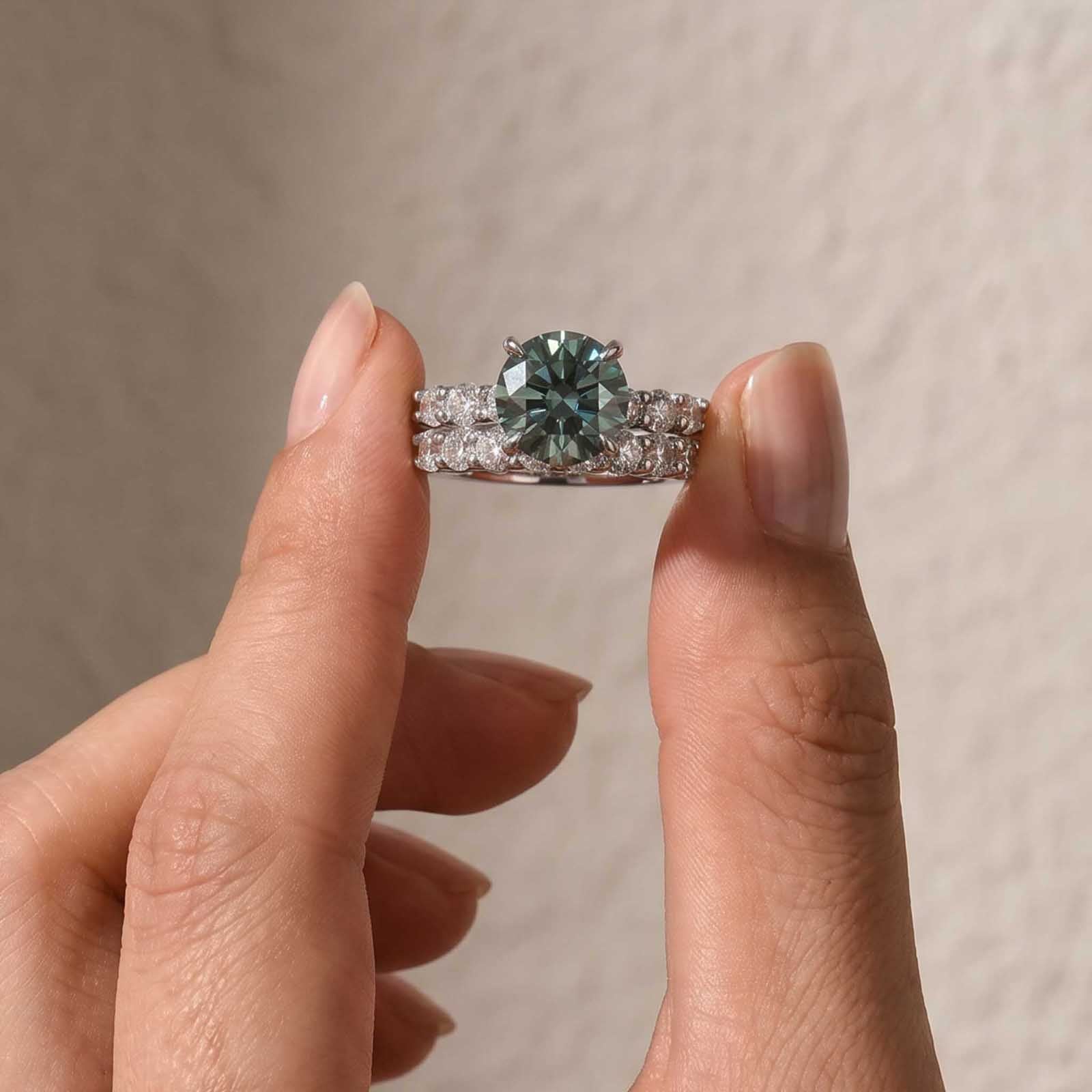 S925 Moissanite 3.0Ct Round Green Stone Wedding Set/Engagement Ring For Holiday Ring Gift
