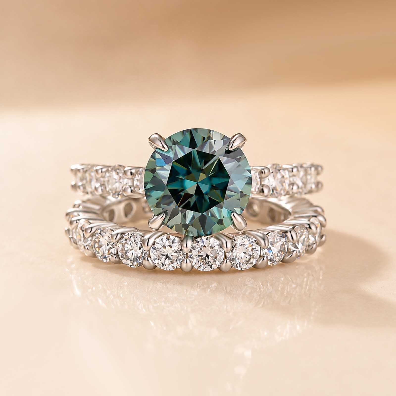 S925 Moissanite 3.0Ct Round Green Stone Wedding Set/Engagement Ring For Holiday Ring Gift