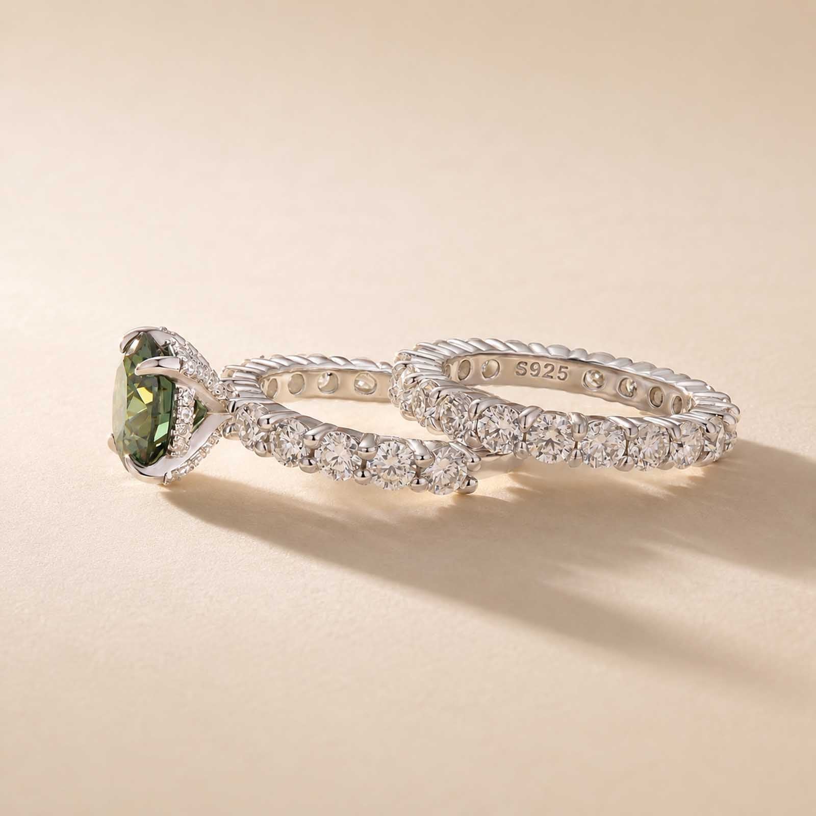 S925 Moissanite 3.0Ct Round Green Stone Wedding Set/Engagement Ring For Holiday Ring Gift