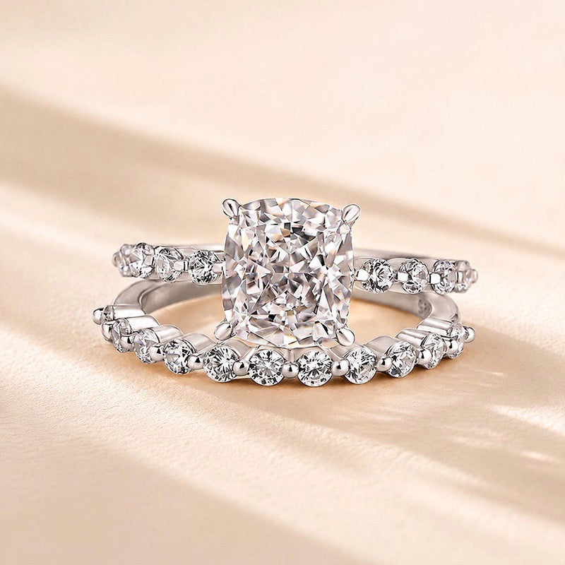 S925 Exquisite 2.0 Carat Cushion Cut Women's Wedding Ring Set In Sterling Silver