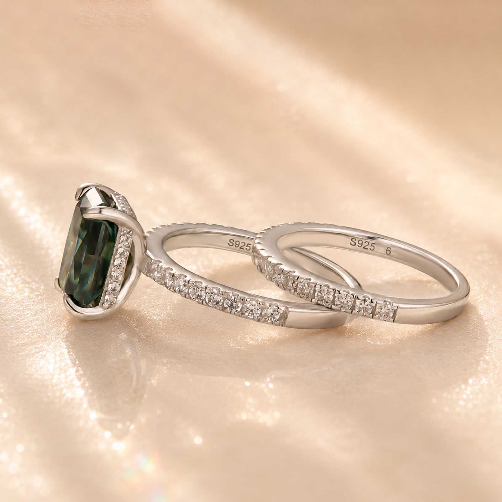 S925 Moissanite 3.5 Carat Green Radiant Cut Ring Set In Sterling Silver Bridal Set For Everyday Wear