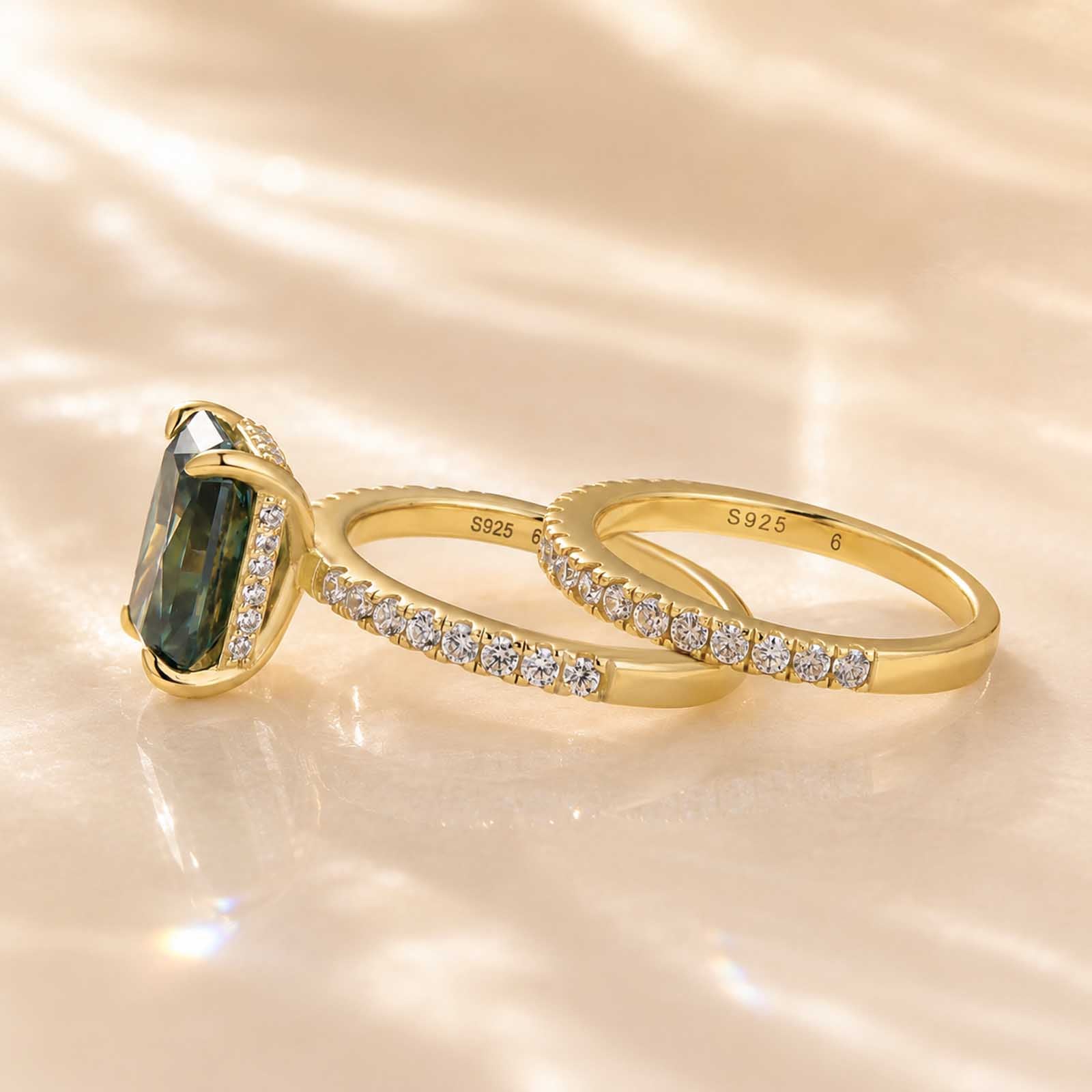 S925 Moissanite 3.5 Carat Green Radiant Cut Ring Set In Sterling Silver Bridal Set For Everyday Wear
