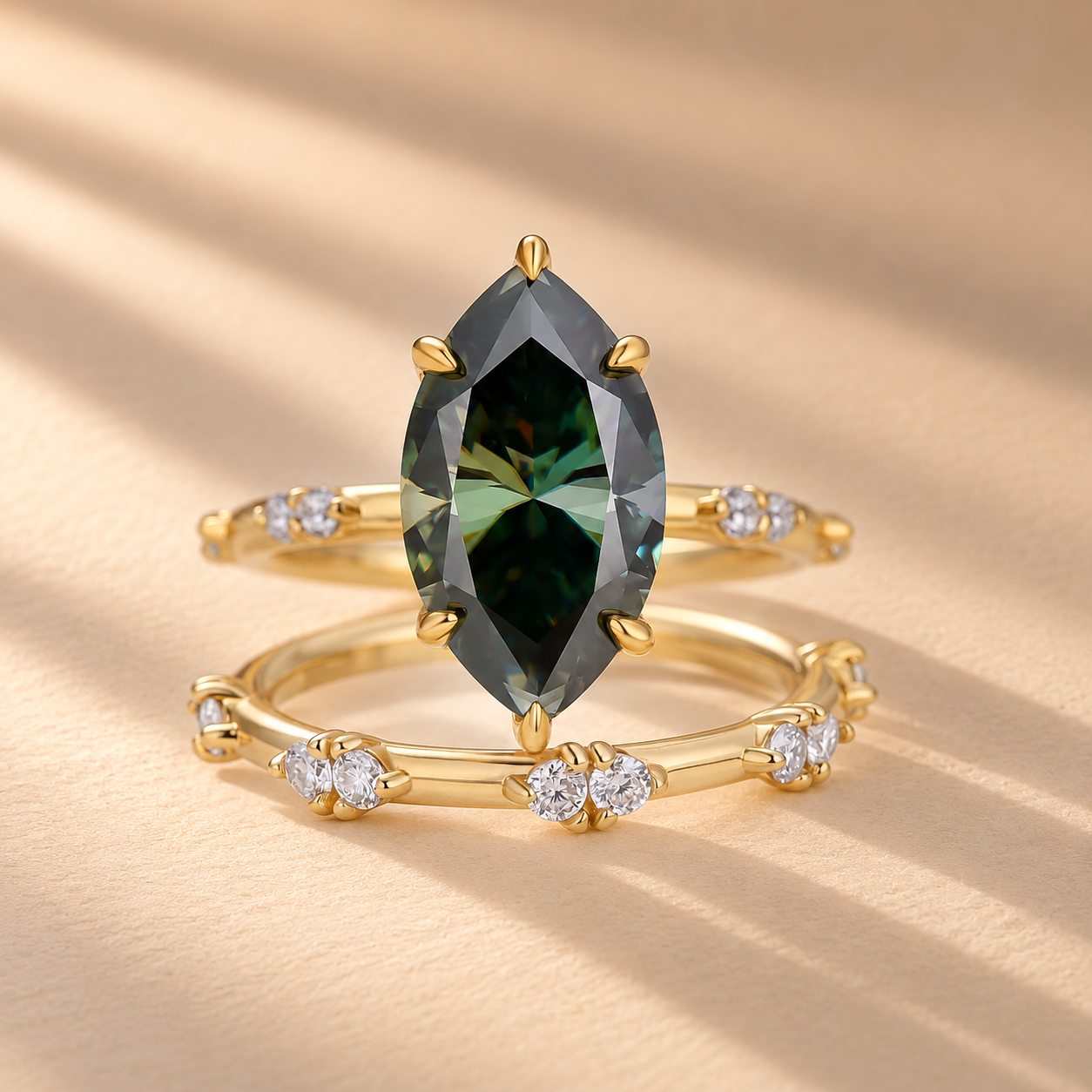 4.0CT Green Marquise Cut Moissanite Hidden Halo Nature Inspired Bridal Ring Set