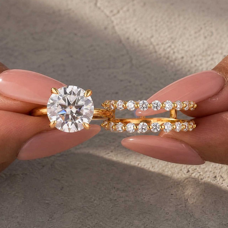 S925 Moissanite 4.0Ct Round Cut 18k Gold-plated Stackable Reinforced Bridal Ring Set For Daily Wear