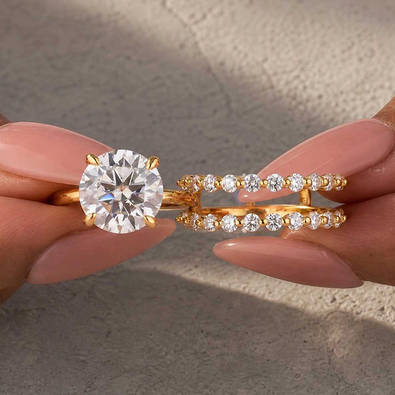 S925 Moissanite 4.0Ct Round Cut 18k Gold-plated Stackable Reinforced Bridal Ring Set For Daily Wear
