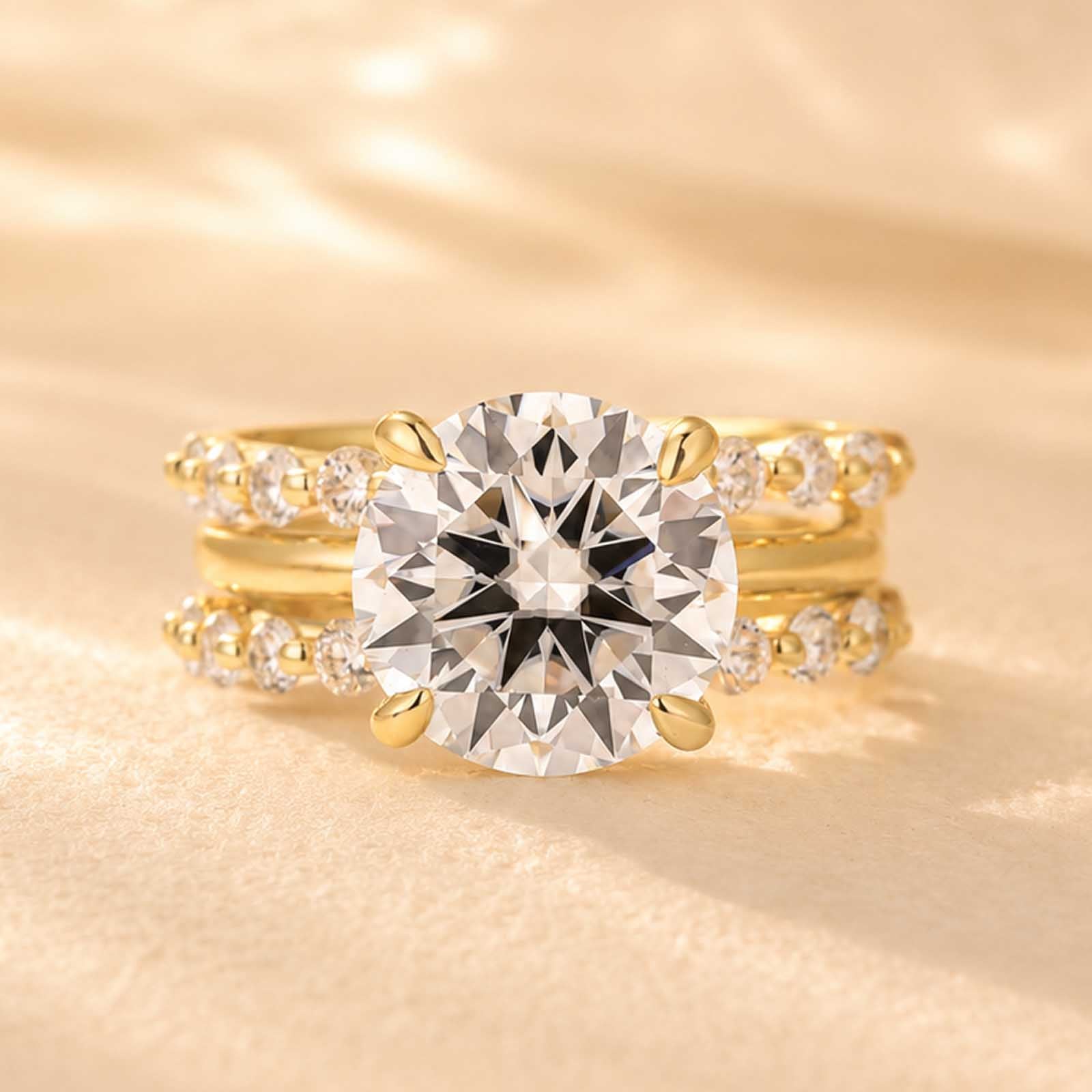 S925 Moissanite 4.0Ct Round Cut 18k Gold-plated Stackable Reinforced Bridal Ring Set For Daily Wear