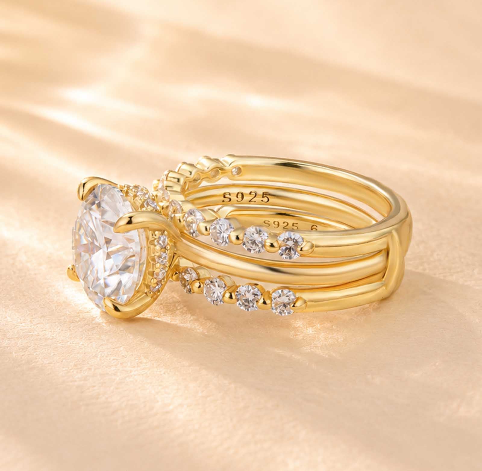 S925 Moissanite 4.0Ct Round Cut 18k Gold-plated Stackable Reinforced Bridal Ring Set For Daily Wear