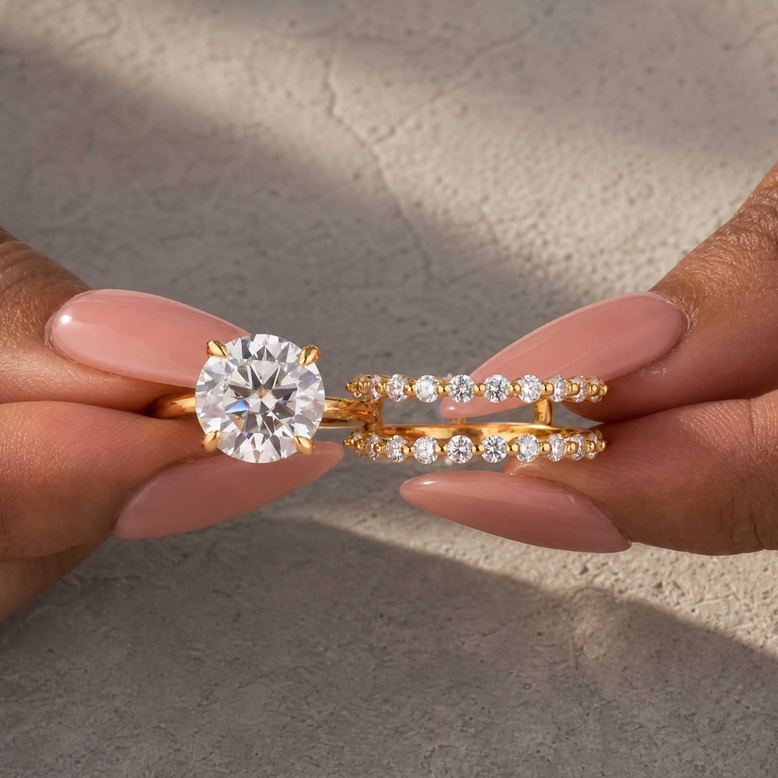 S925 Moissanite 4.0Ct Round Cut 18k Gold-plated Stackable Reinforced Bridal Ring Set For Daily Wear