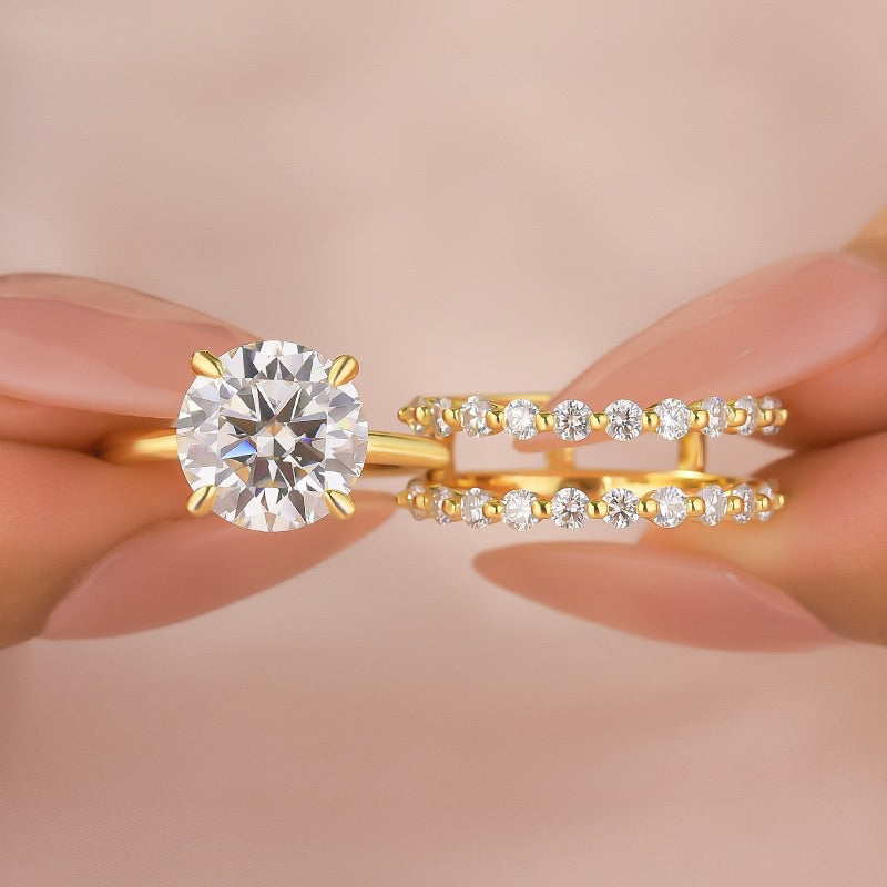 S925 Moissanite 4.0Ct Round Cut 18k Gold-plated Stackable Reinforced Bridal Ring Set For Daily Wear