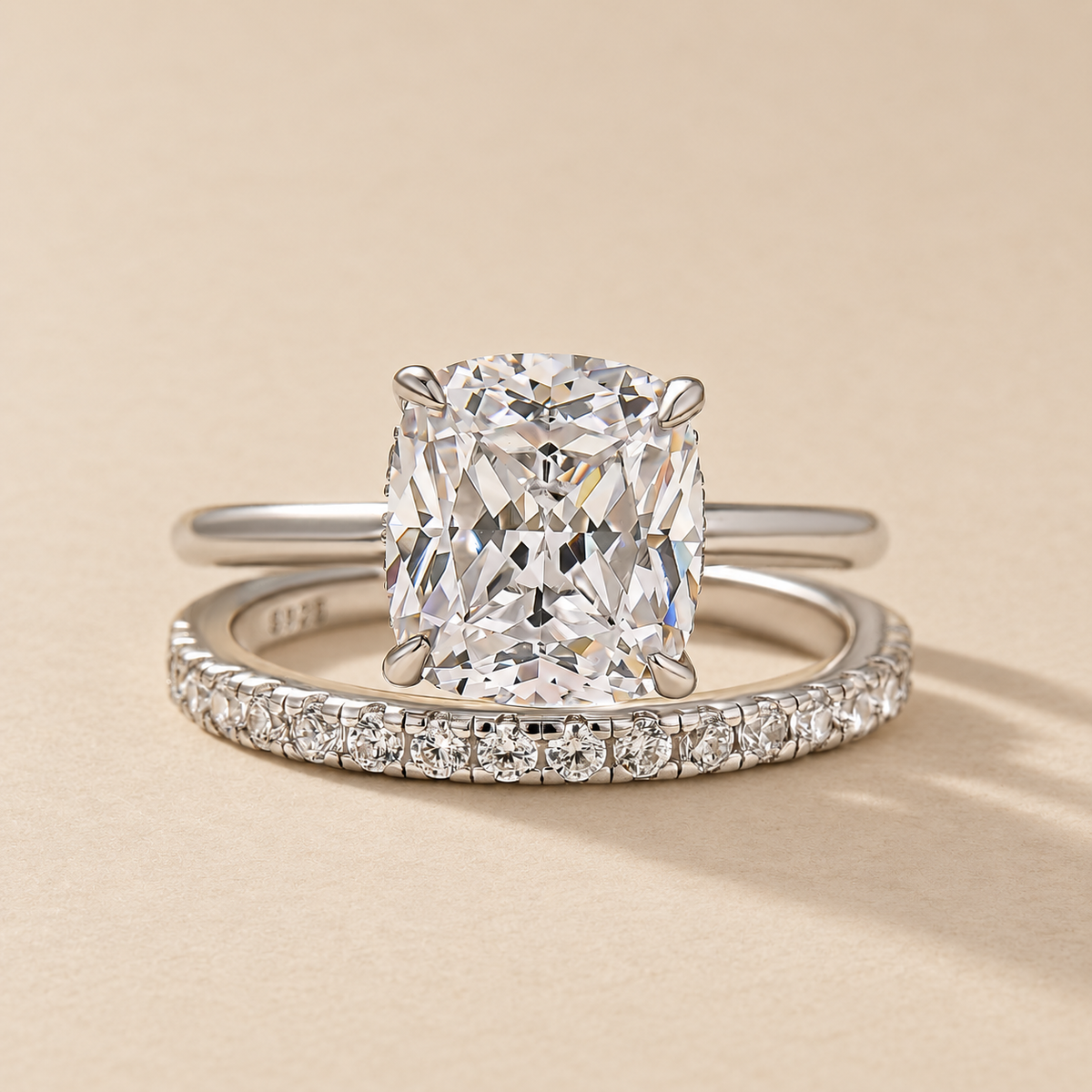 S925 Classic 3.0 Carat Cushion Cut Bridal Set In Sterling Silver Stackable Wedding Rings