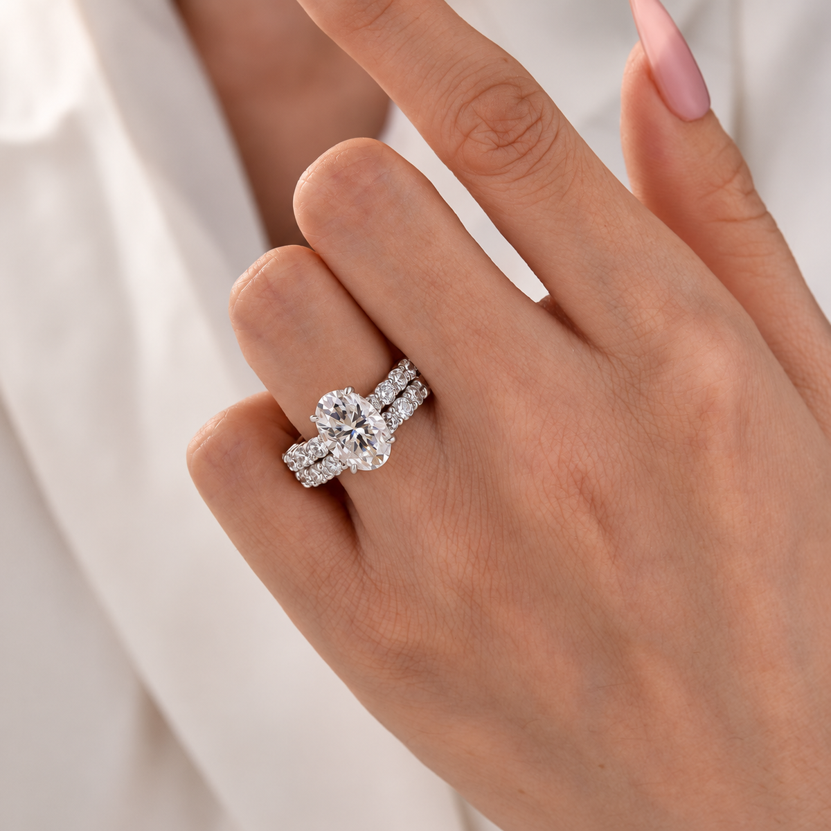 Moissanite 2.5Ct/4.0Ct Oval Cut 18K White Gold-Plated Wedding Ring Set