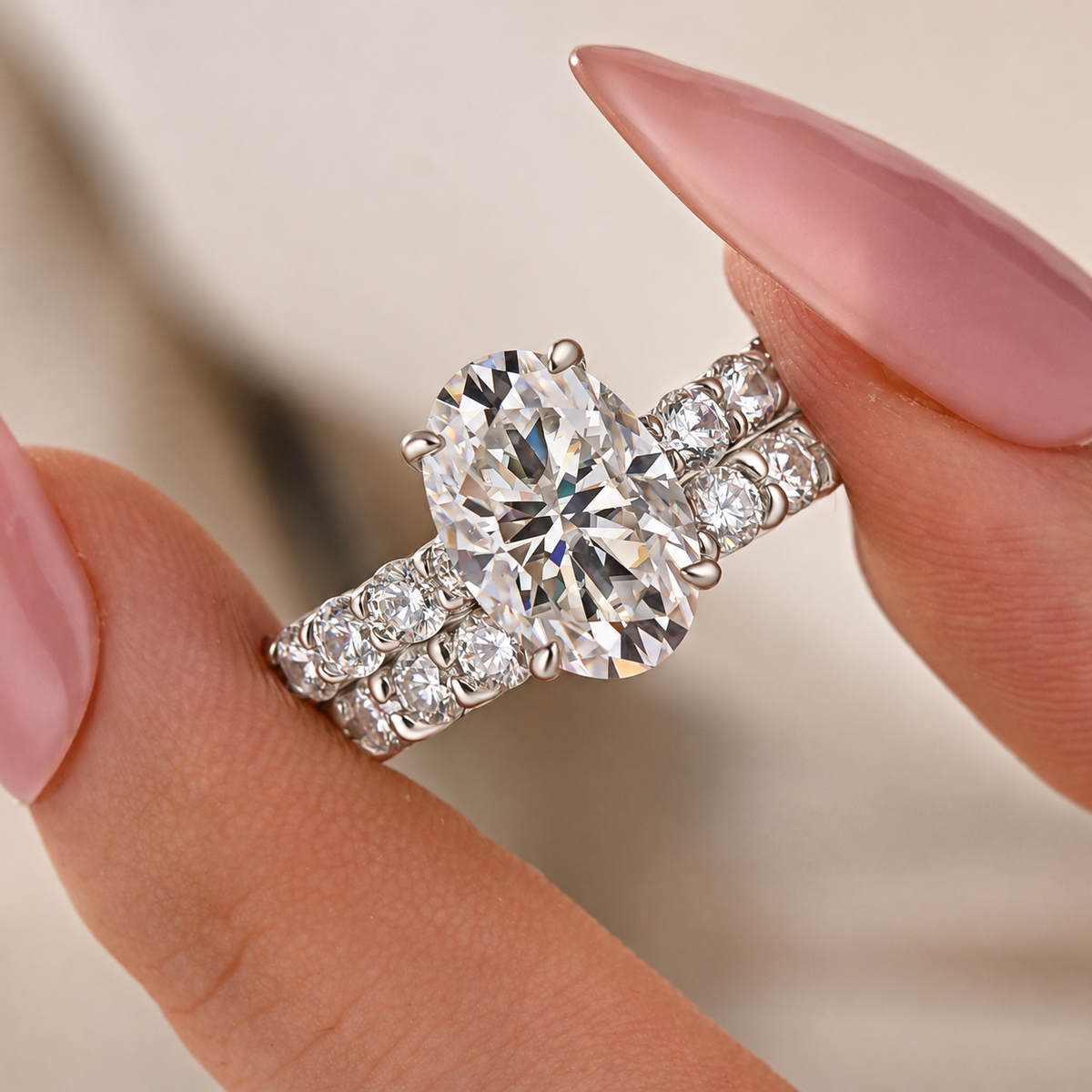 S925 Moissanite 2.5Ct Oval Cut White Gold Wedding Ring Set For Women