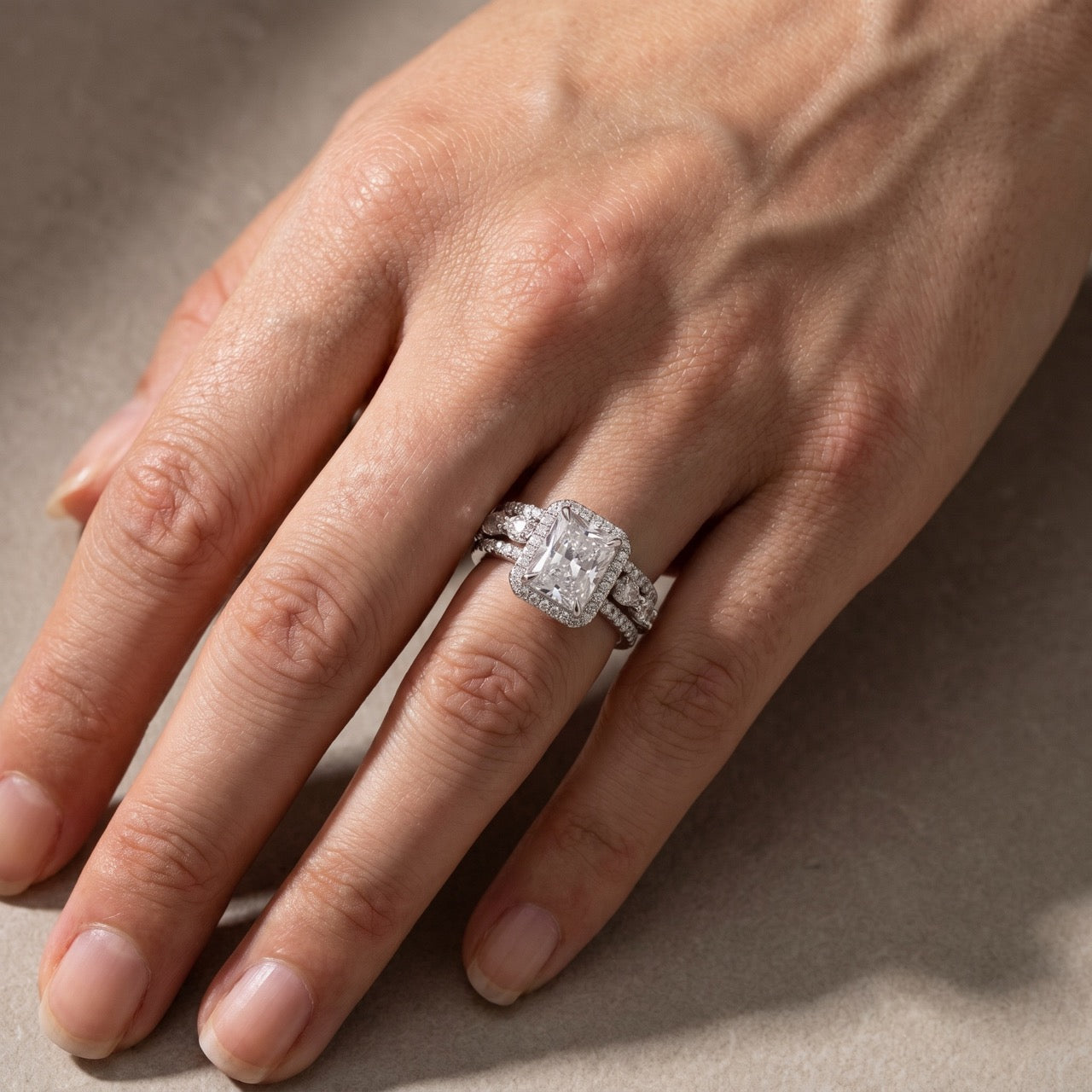 S925 Gorgeous Halo Radiant Cut 3PC Wedding Ring Set For Women In Sterling Silver