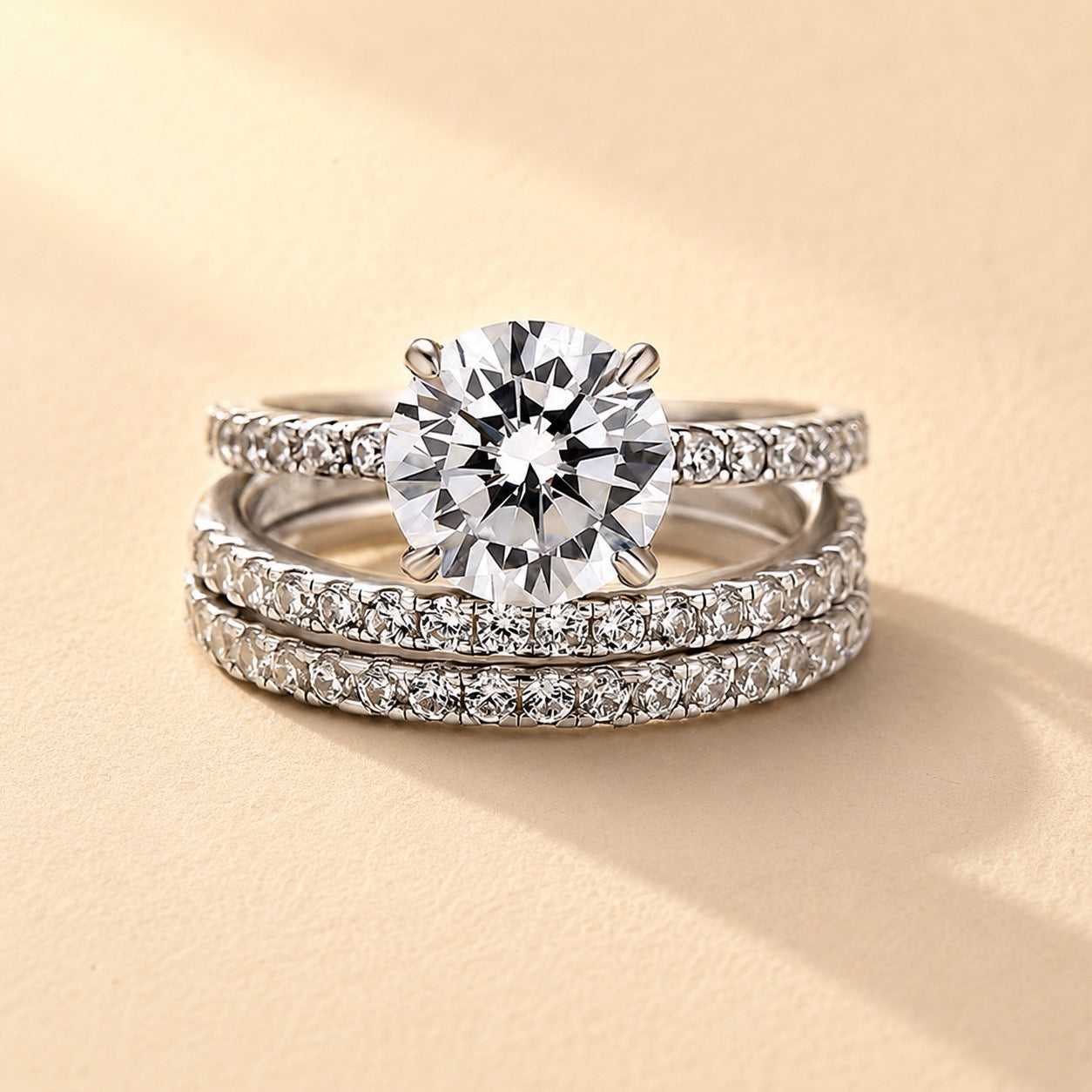 S925 3PC Wedding Ring Set 2.0 Ct Round Cut With 2PC Half Eternity Wedding Band Stackable Wedding Rings