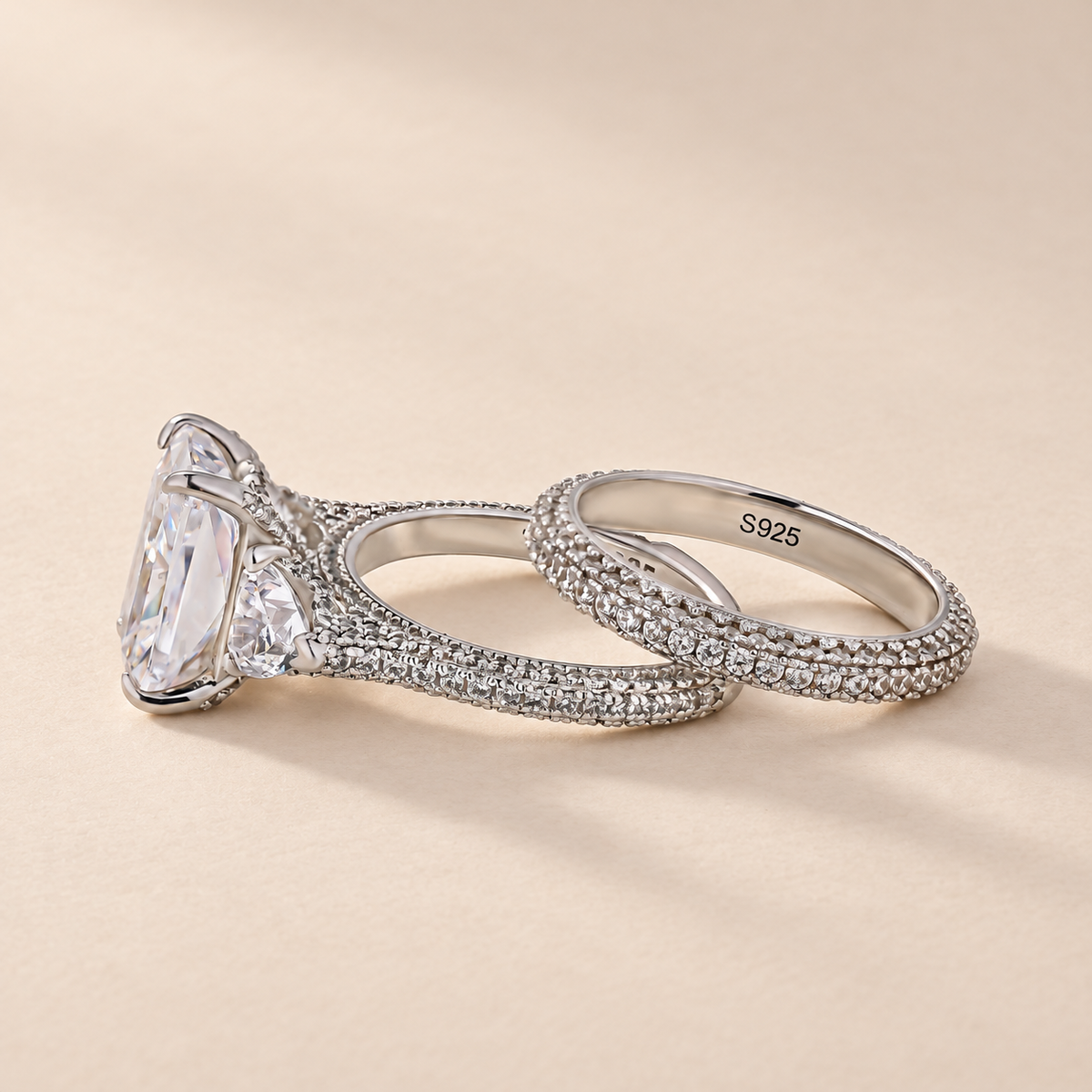 5.0Ct Radiant Cut & Heart Cut Three Stone Wedding Set In Sterling Silver